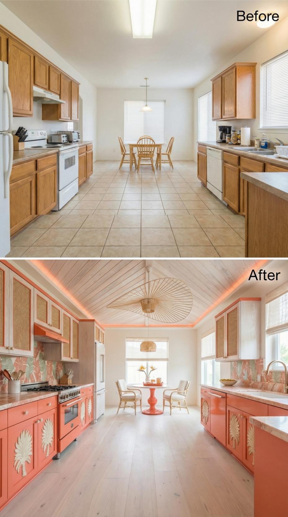 Coral Lacquer Cabinets and Cane Insets Replaced Every Oak Panel in Sight