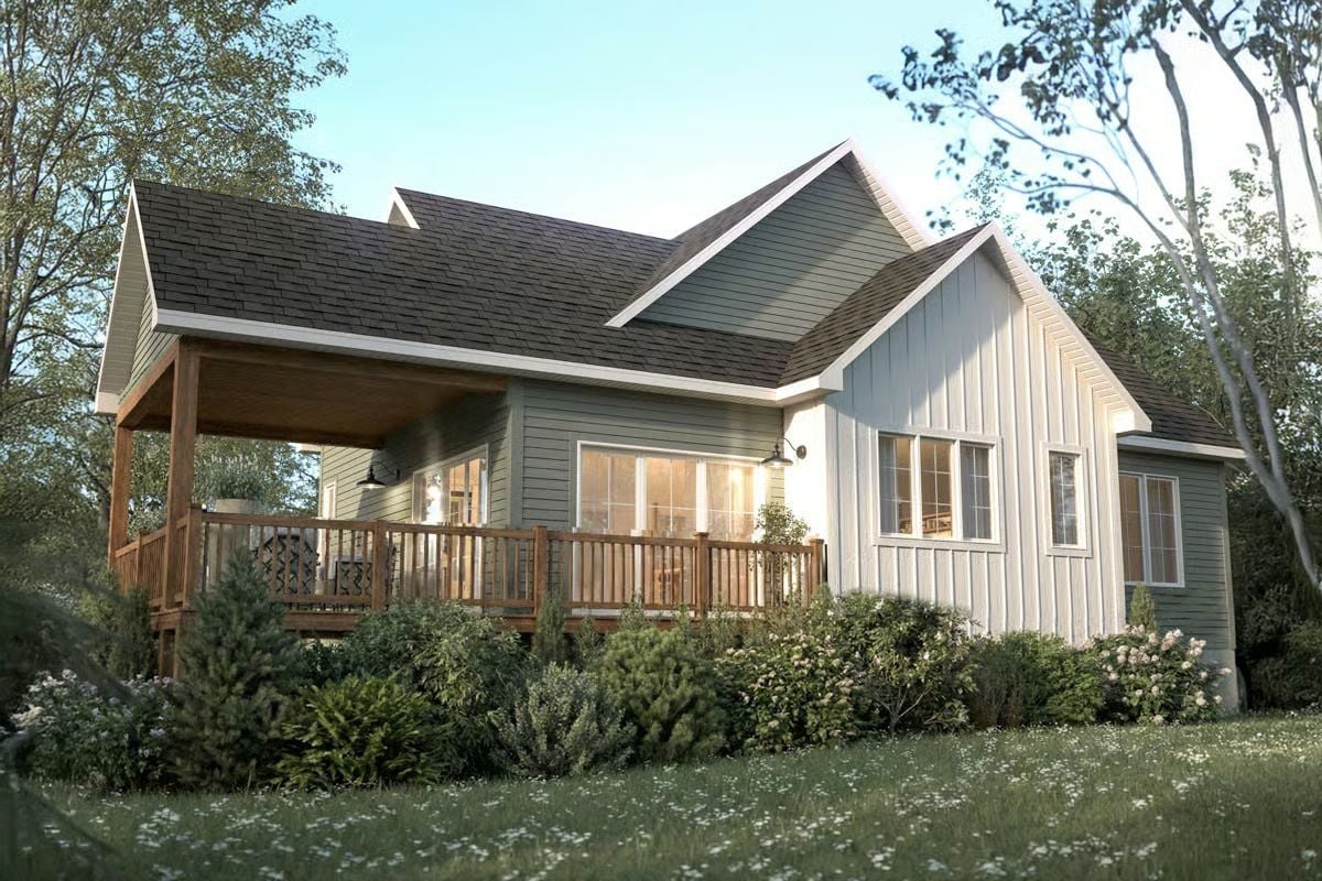 Board-and-Batten Siding Meets Warm Wood Decking on This Craftsman Rear Exterior