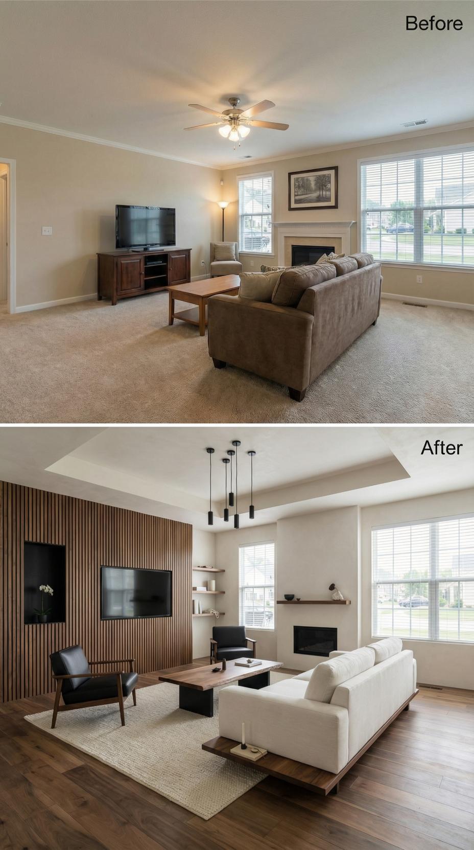 Walnut Slat Wall and Tray Ceiling Swap Beige Carpet and a Builder Fan for Modern Texture