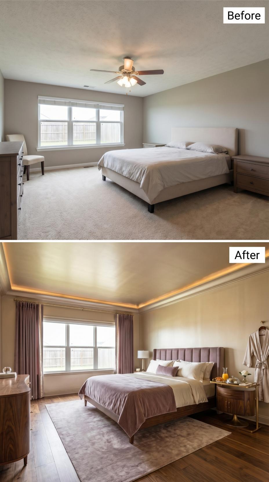 Mauve Velvet Headboard and Cove-Lit Tray Ceiling Swap Carpet and Fan for Hotel Warmth