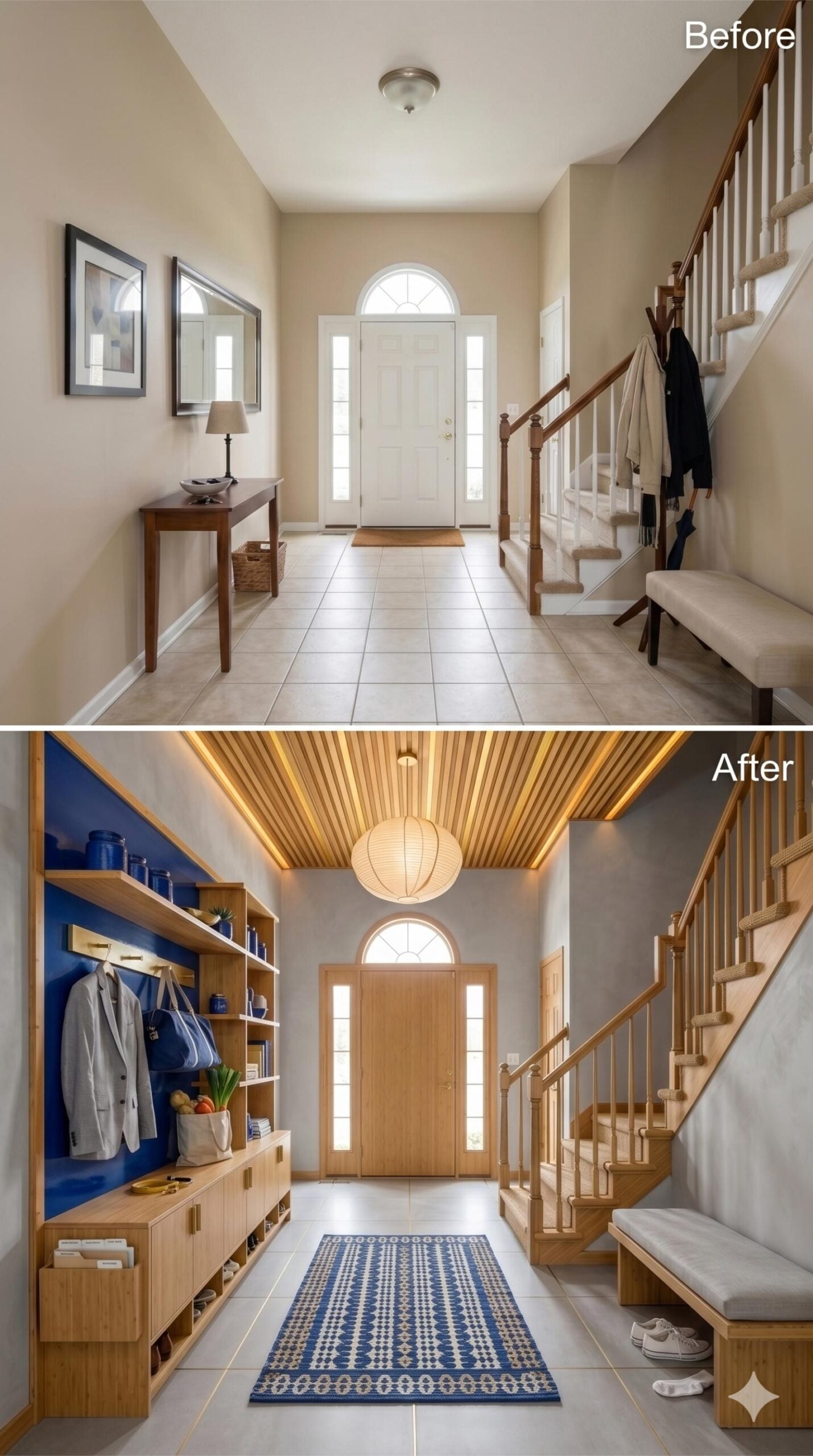 Slatted Wood Ceiling, Cobalt Blue Accent Wall, and Rice Paper Pendant Give Storage Real Structure