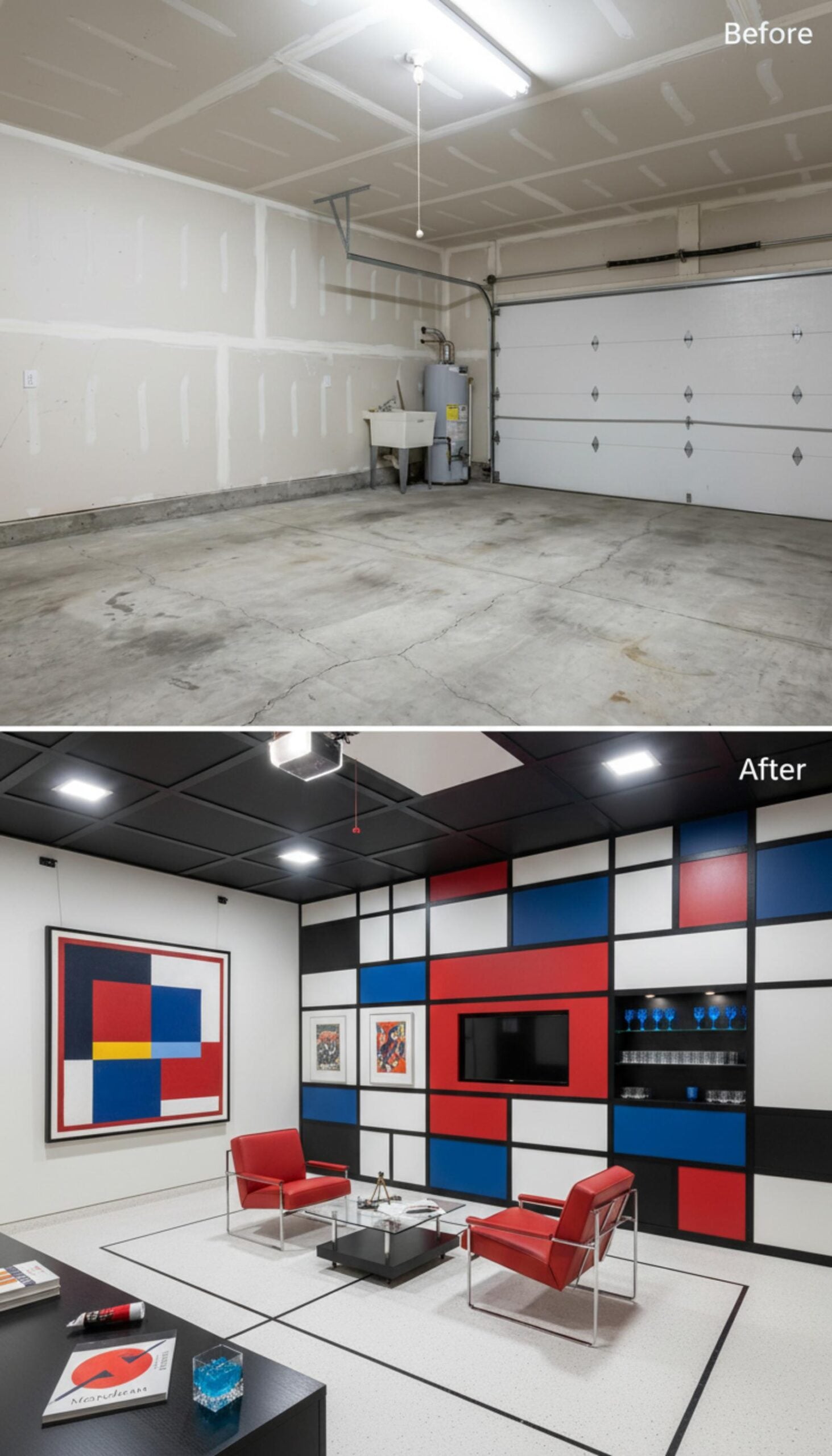 Mondrian-Inspired Grid Walls and Red Leather Chairs Build a Garage Into a De Stijl Lounge
