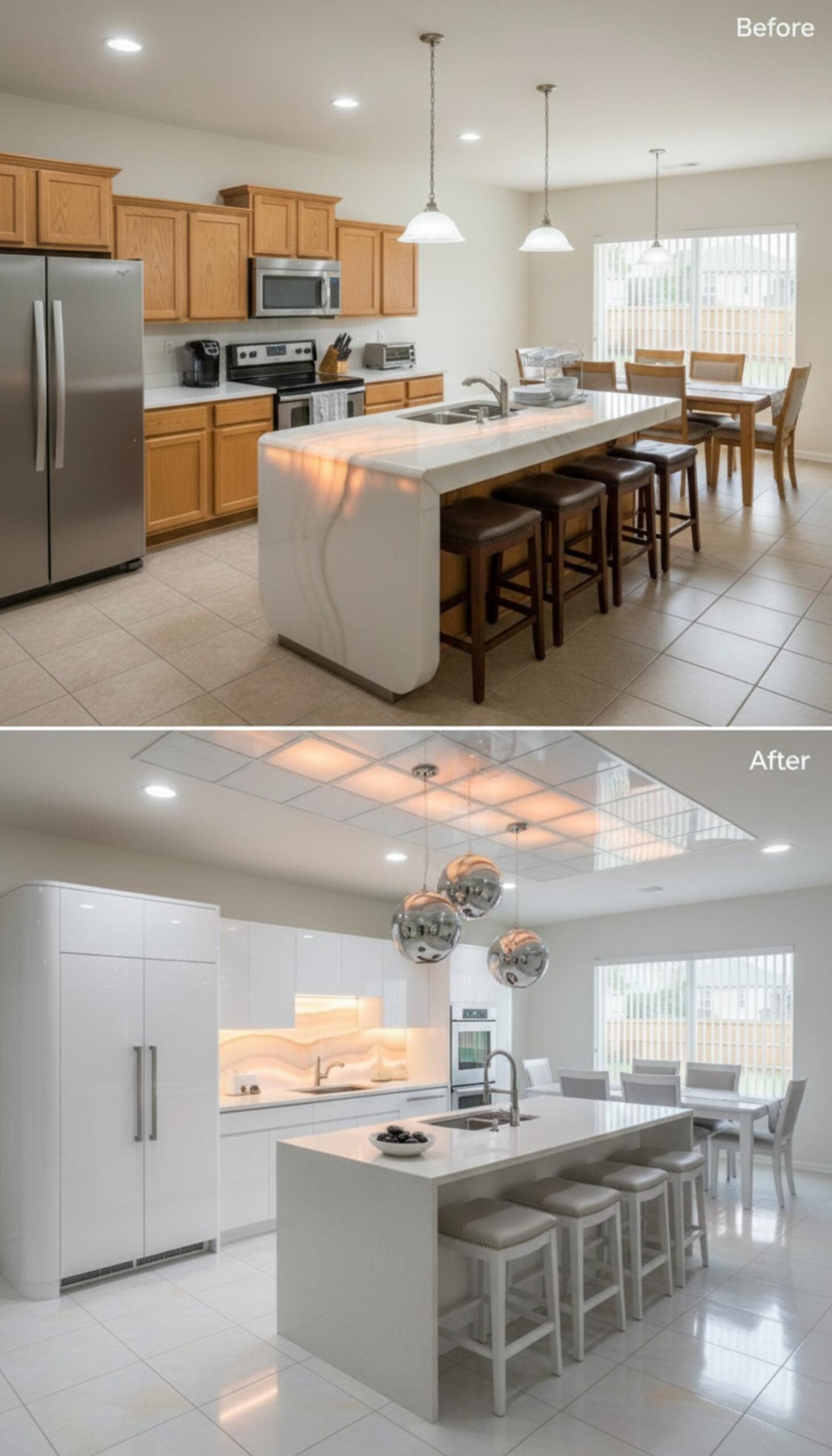Gloss-White Flat-Fronts, Mirrored Ceiling Panel, and Chrome Globe Pendants Redefine the Room's Ceiling Plane