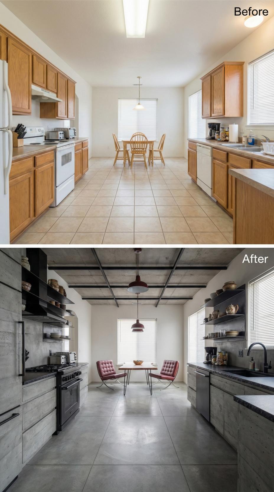 Concrete Cabinetry and Steel Ceiling Beams Drove the Honey Oak Out for Good