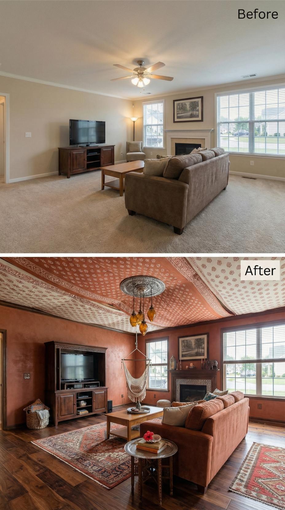 Saffron Plaster Walls and a Block-Print Ceiling Swap Beige Carpet for Moroccan Warmth