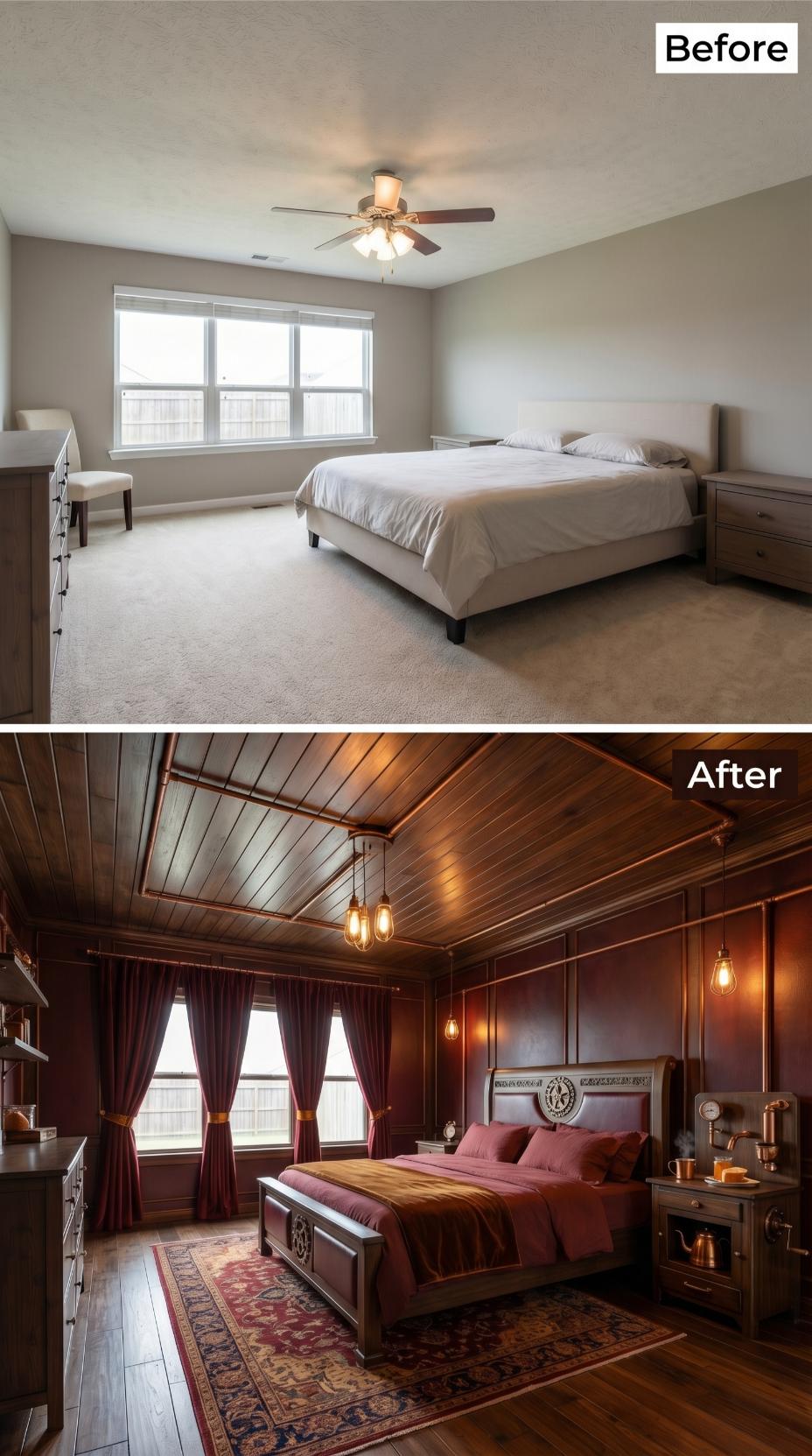 Dark Walnut Shiplap Ceiling and Copper Pipe Pendants Swap Carpet for Steampunk Drama