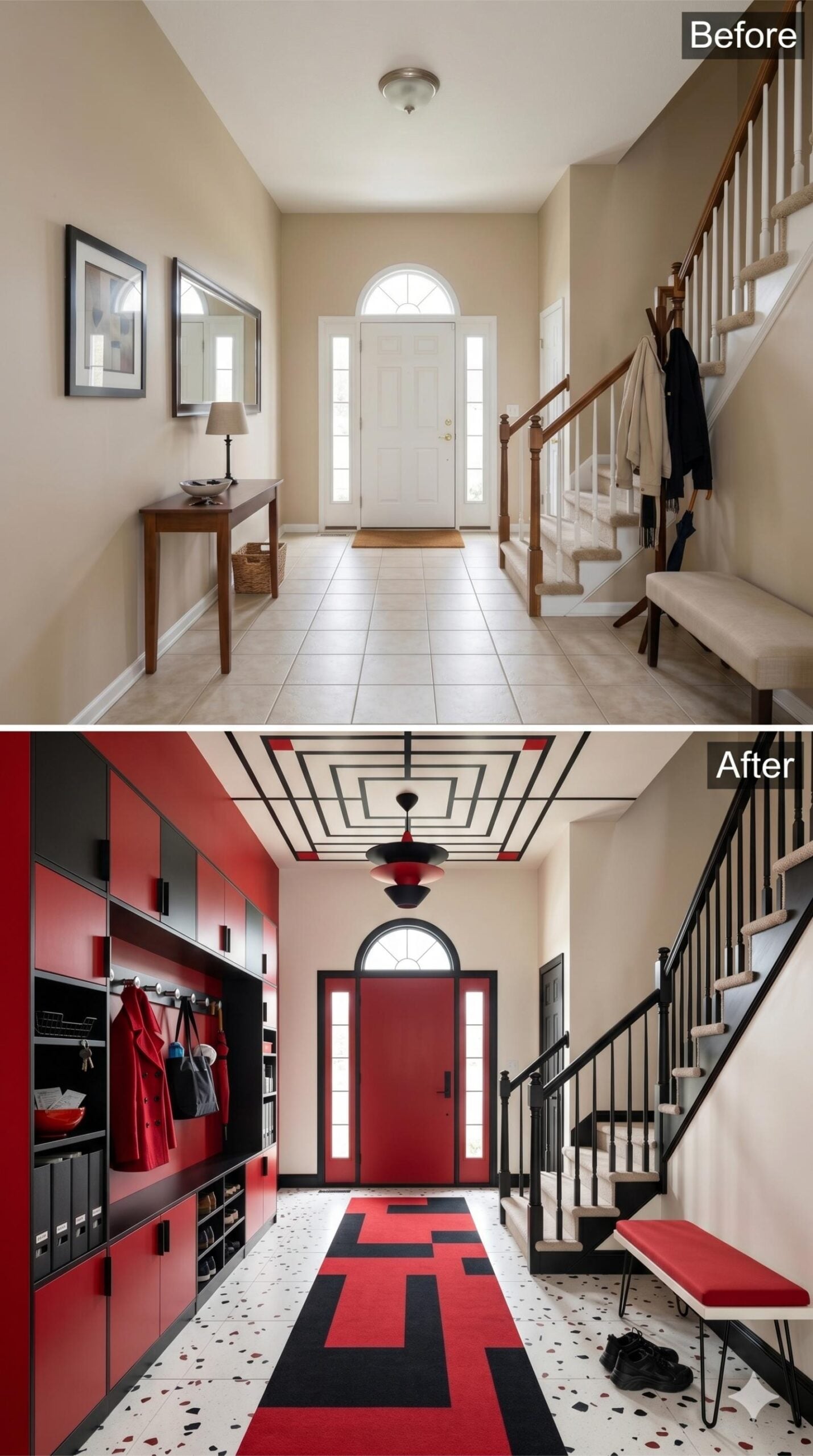 Red Lacquer Cabinets, Geometric Ceiling Molding, and Terrazzo Floor Give a Foyer Real Edge