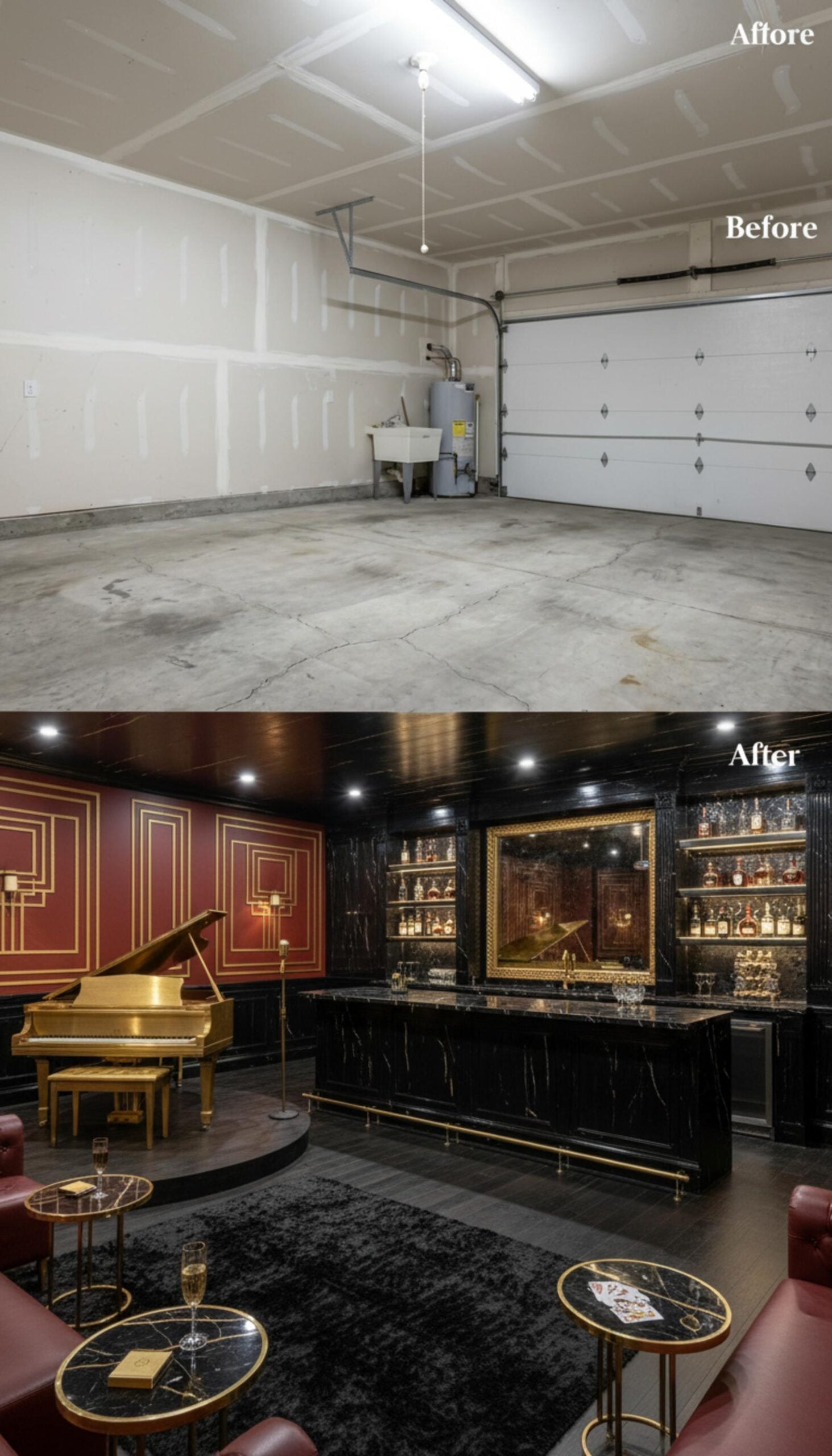 Gold Piano, Black Marble Bar, and Crimson Panel Walls Build a Garage Speakeasy Lounge