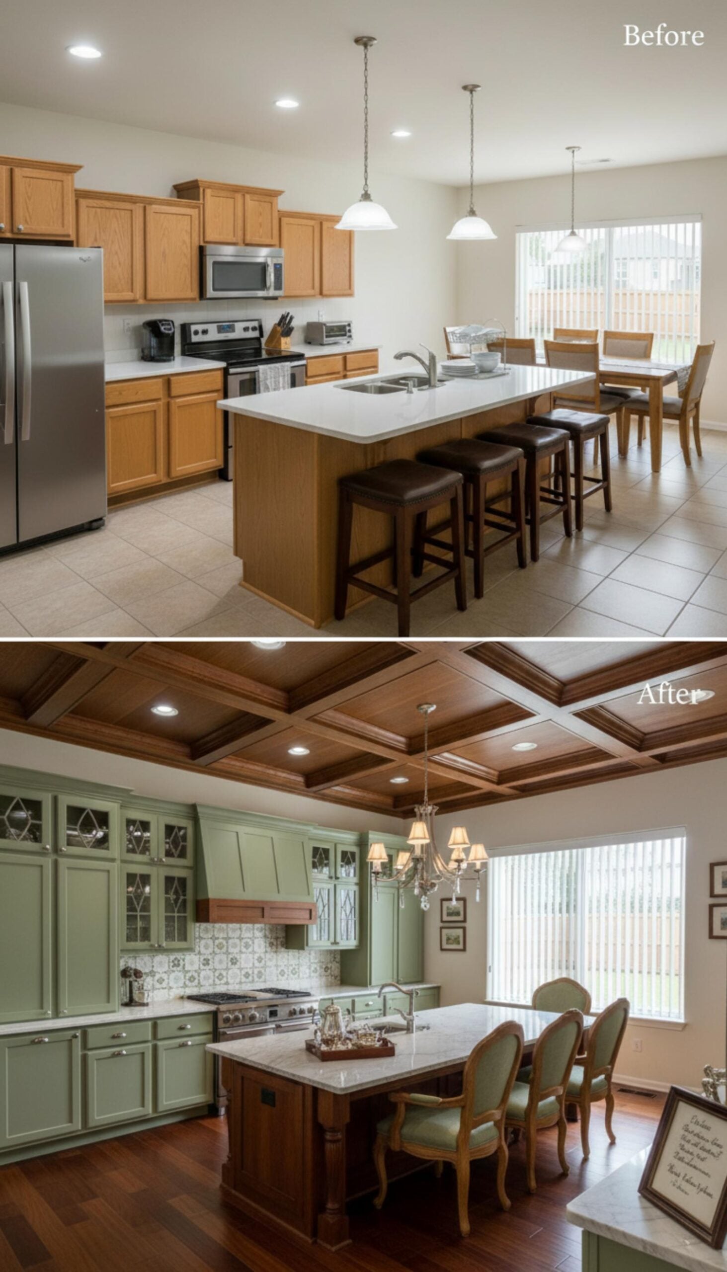 Sage Green Raised-Panel Cabinets, Wood Coffered Ceiling, and a Chandelier That Resets the Room's Tone