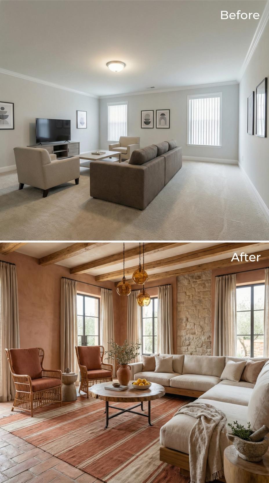 Exposed Beam Ceilings and Amber Glass Pendants Buried Vertical Blinds for Good