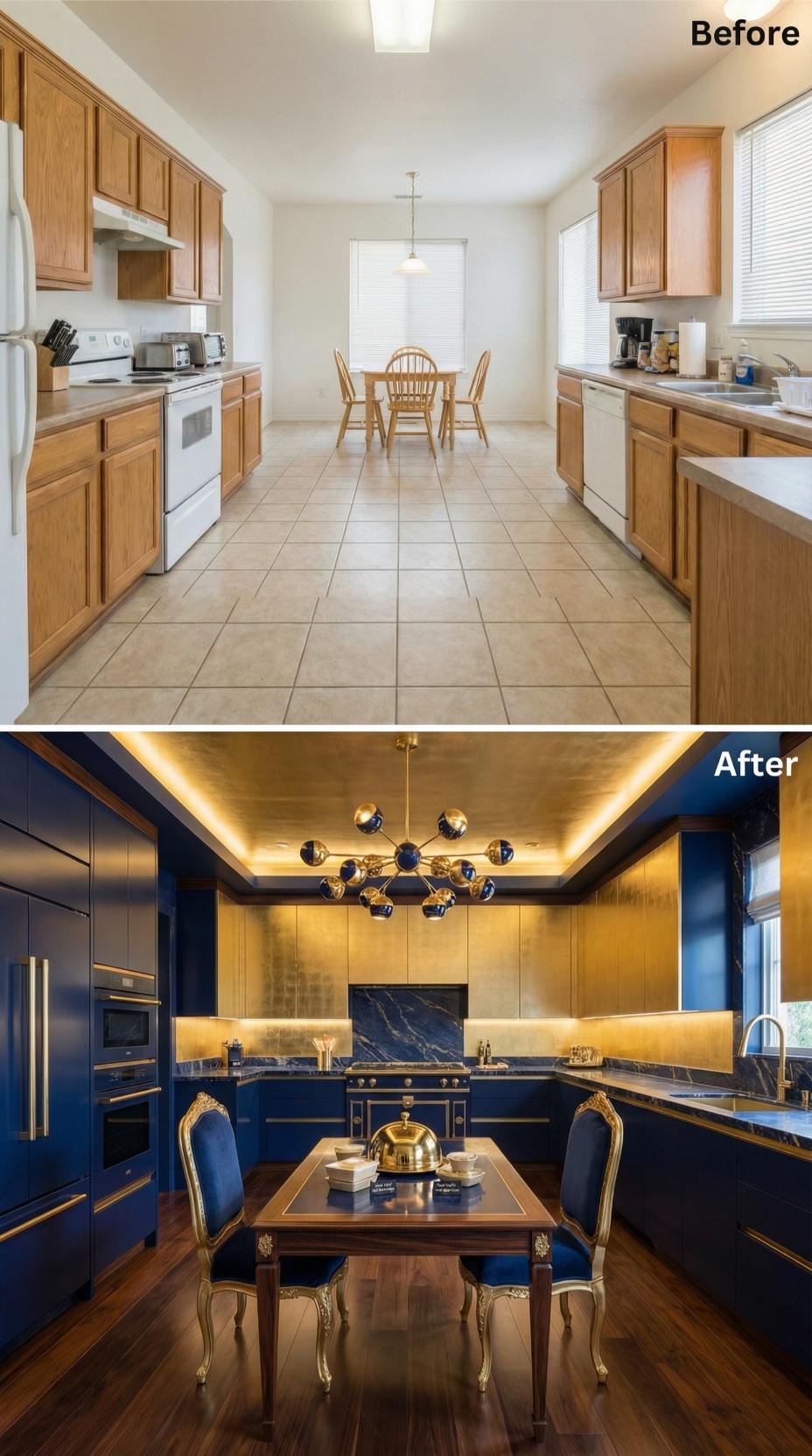 Navy Lacquer Cabinets and Gold Leaf Backsplash Finished Off the Oak-and-Tile Era