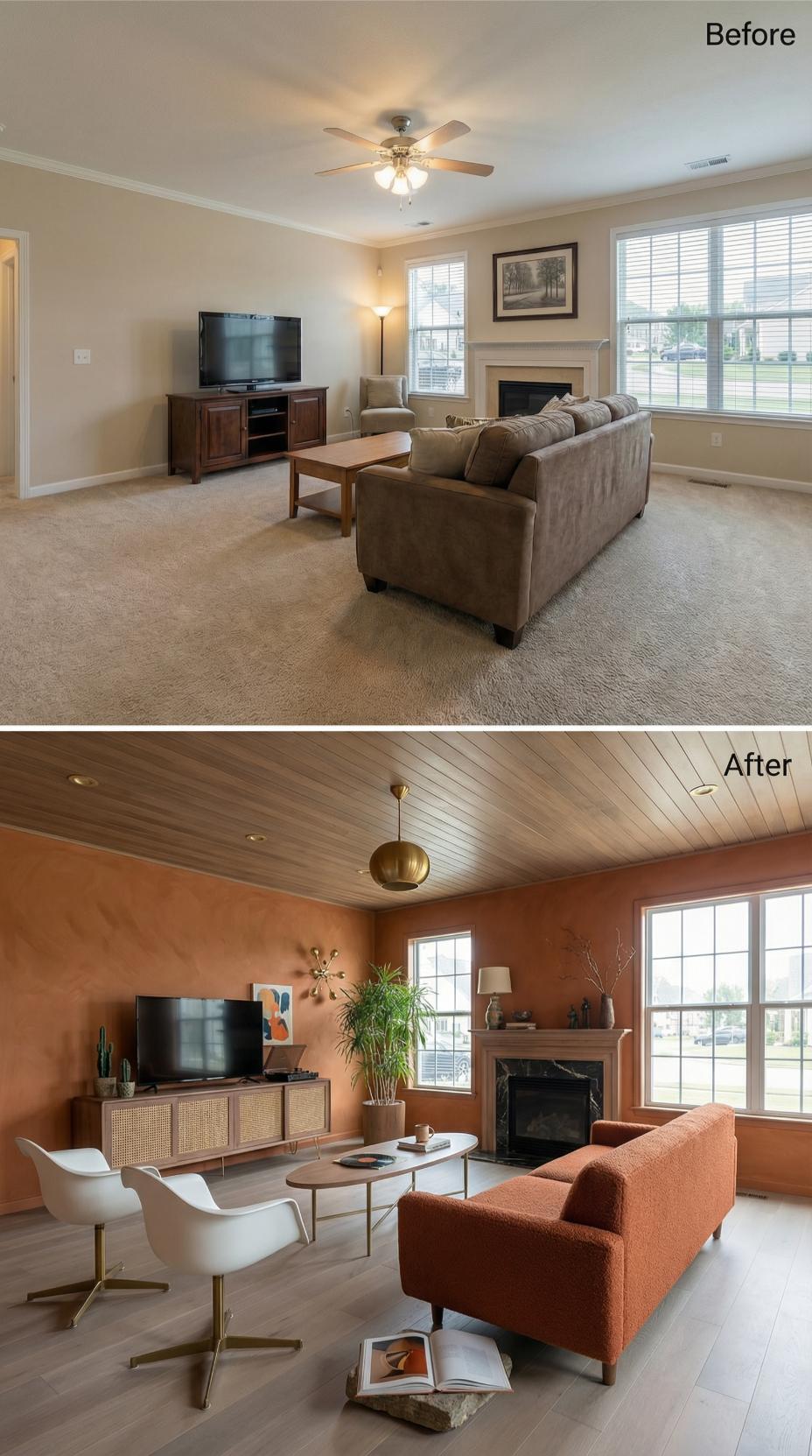 Burnt Sienna Plaster Walls and a Wood Plank Ceiling Retire Beige Carpet and a Builder Fan