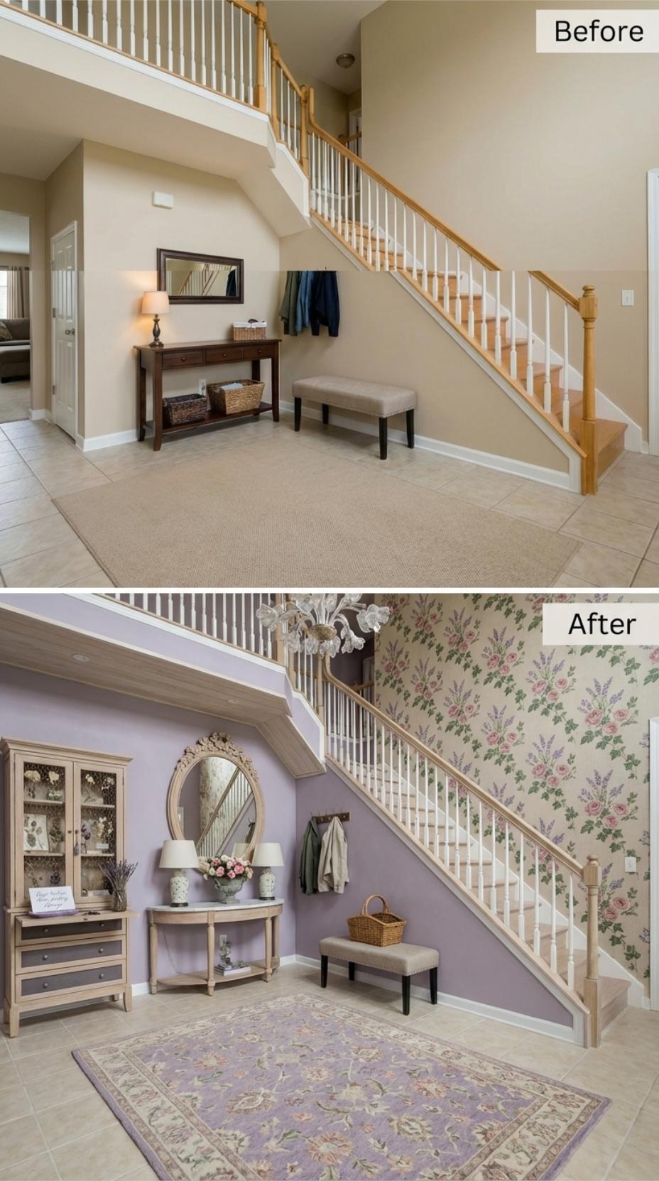 Lavender Walls, Rose Wallpaper, and a Floral Rug Retire Oak and Builder Beige