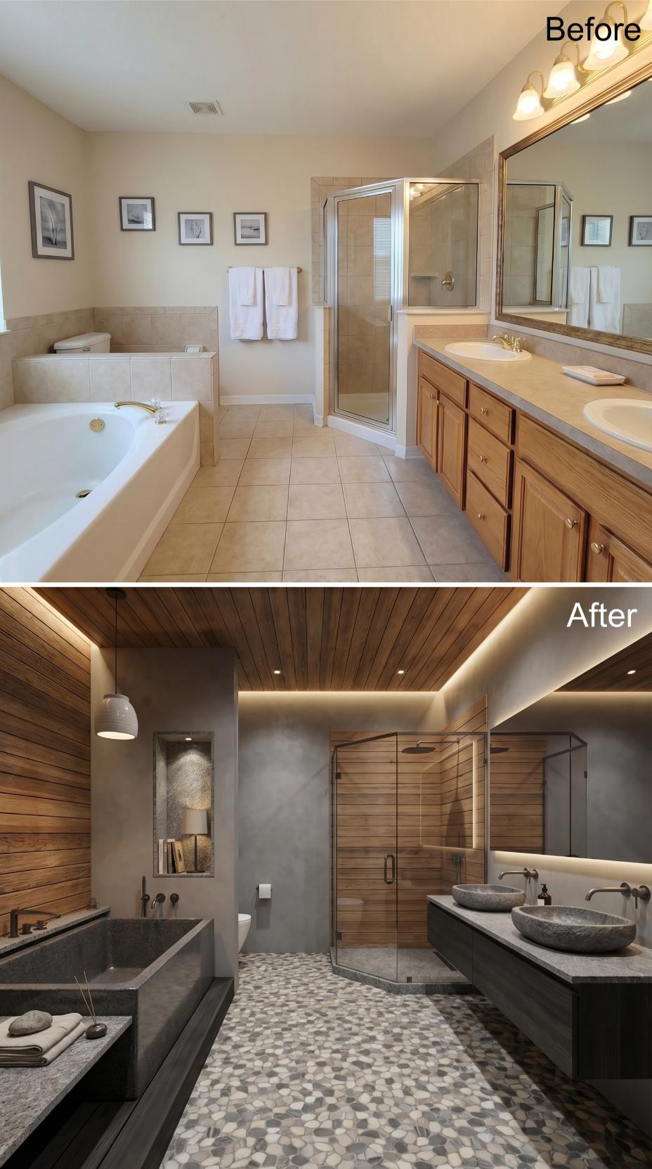 Concrete Tub Surround, Wood-Planked Ceiling, and River Stone Sinks That Finished the Job