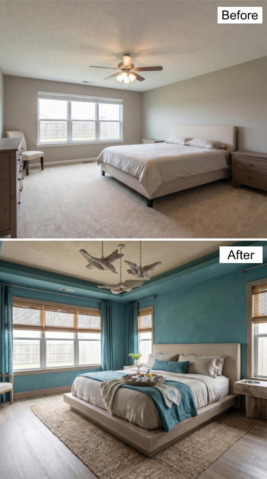 Teal Venetian Plaster and a Whale-Bone Chandelier Swap Carpet and Fan for Coastal Drama