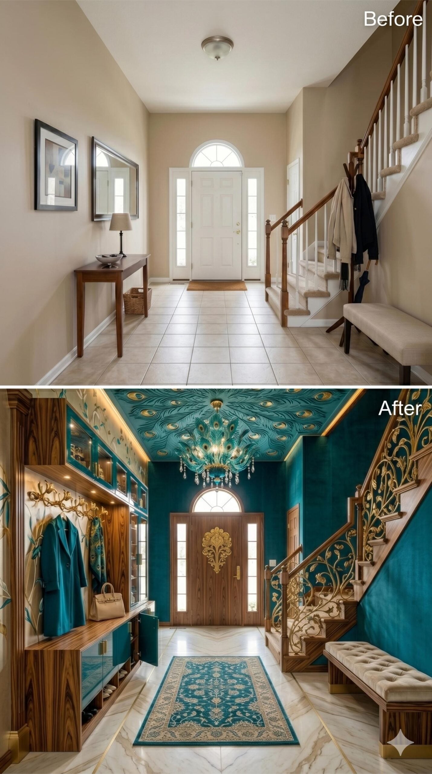 Peacock Ceiling Mural, Gold Ironwork Banister, and Teal Velvet Walls Give a Foyer Real Drama