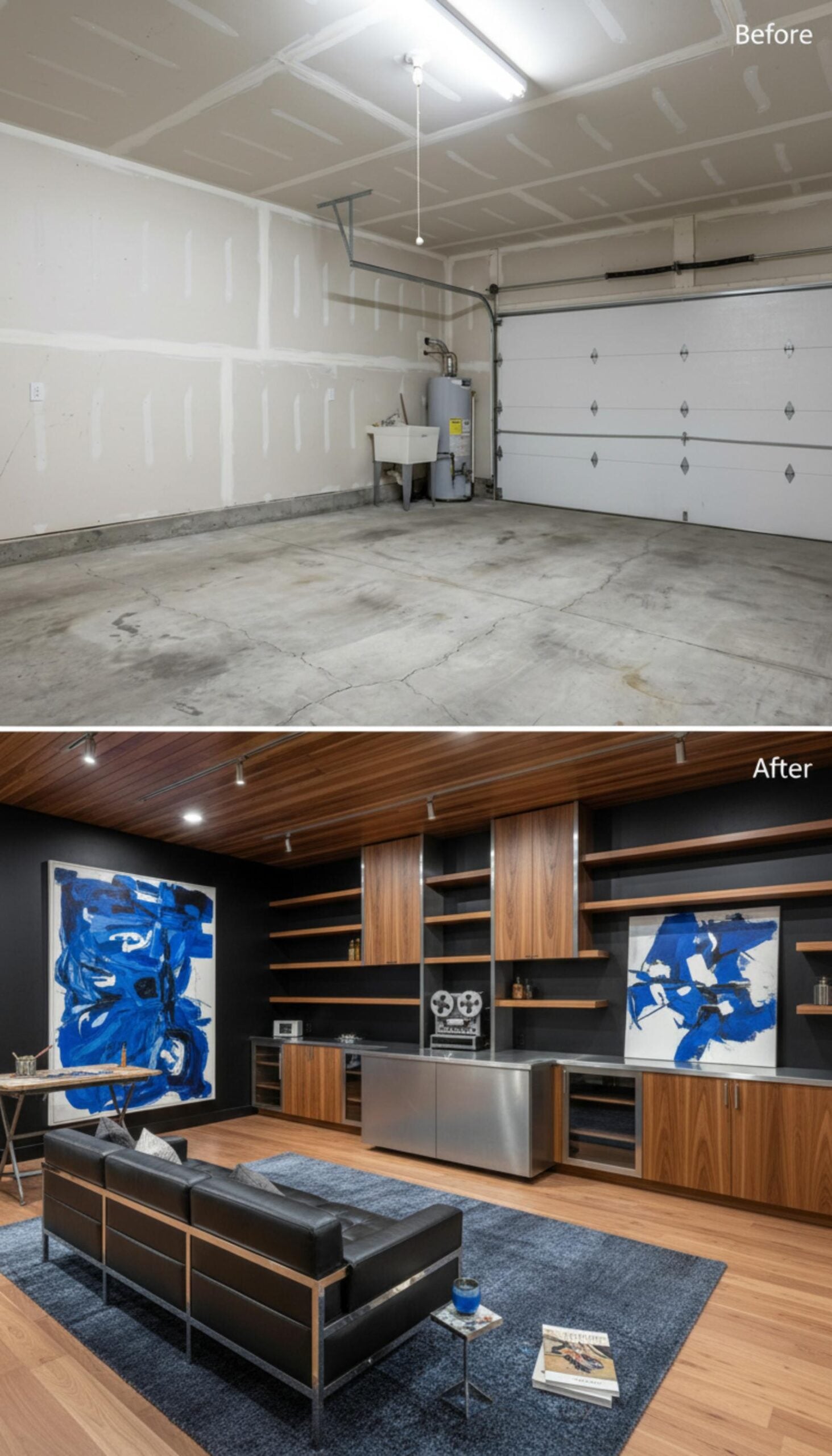 Walnut Shelving, Stainless Counters, and Matte Black Walls Build a Garage into a Music Lounge