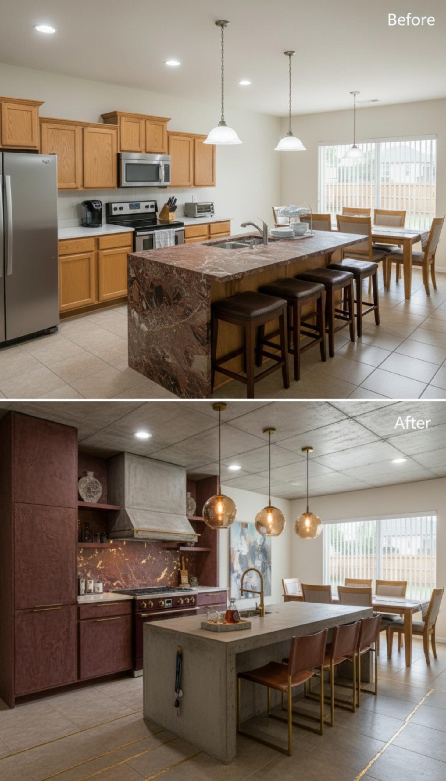 Burgundy Flat-Fronts, Concrete Island, and Amber Globe Pendants Rewrite a Kitchen's Social Register