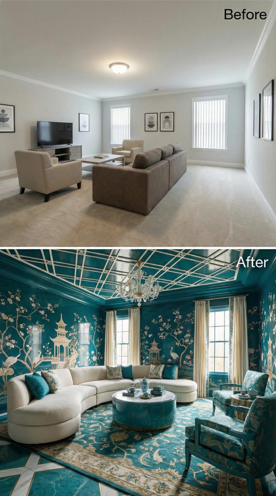 Teal Lacquer Walls and a Chinoiserie Ceiling Pattern Declared the Beige Era Over