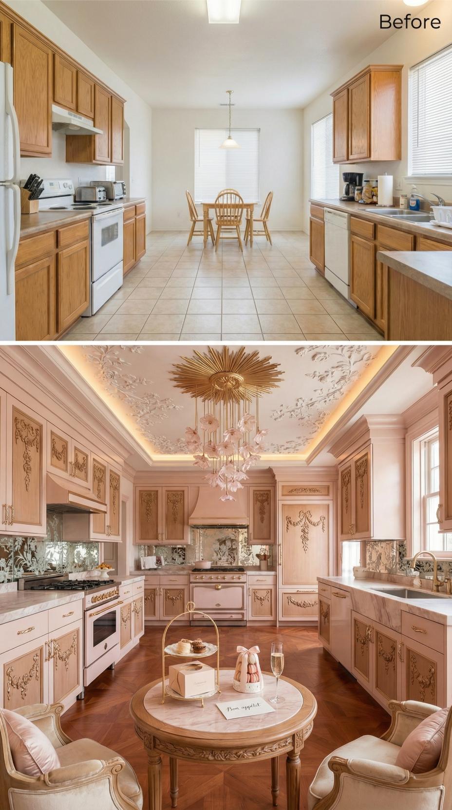 Rococo Plaster Ceiling and Blush Cabinetry Erased Every Trace of Honey Oak