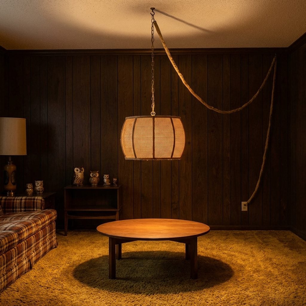 The Swag Lamp Hanging From a Ceiling Hook With Absolutely No Electrical Support