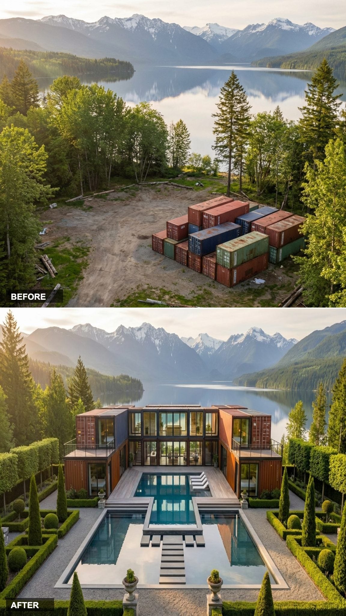 Rust-Red Corten Wings Arranged Around a Formal Pool and Clipped Hedge Garden