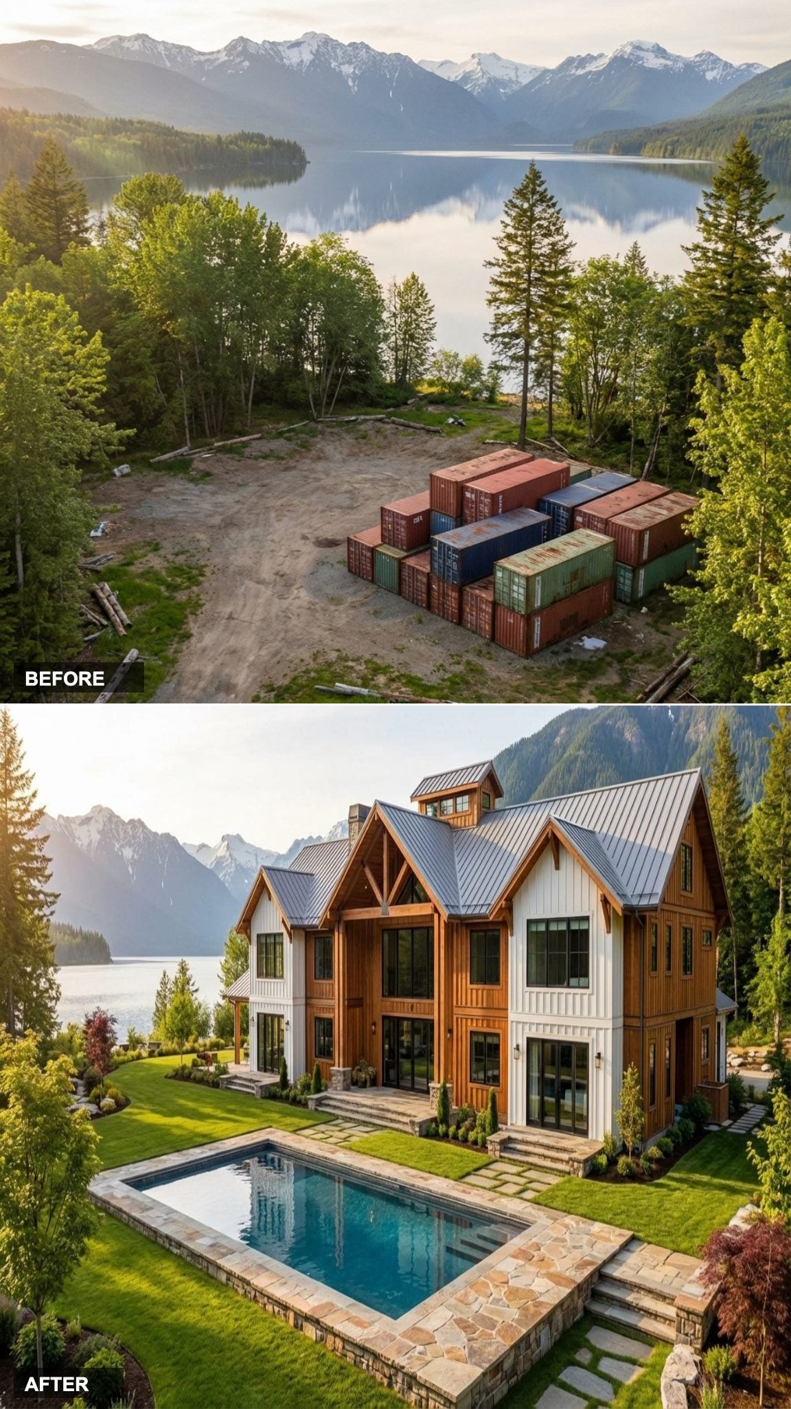 Mountain Lakefront Property Rebuilt Into a Timber-Frame Manor With Pool Terrace