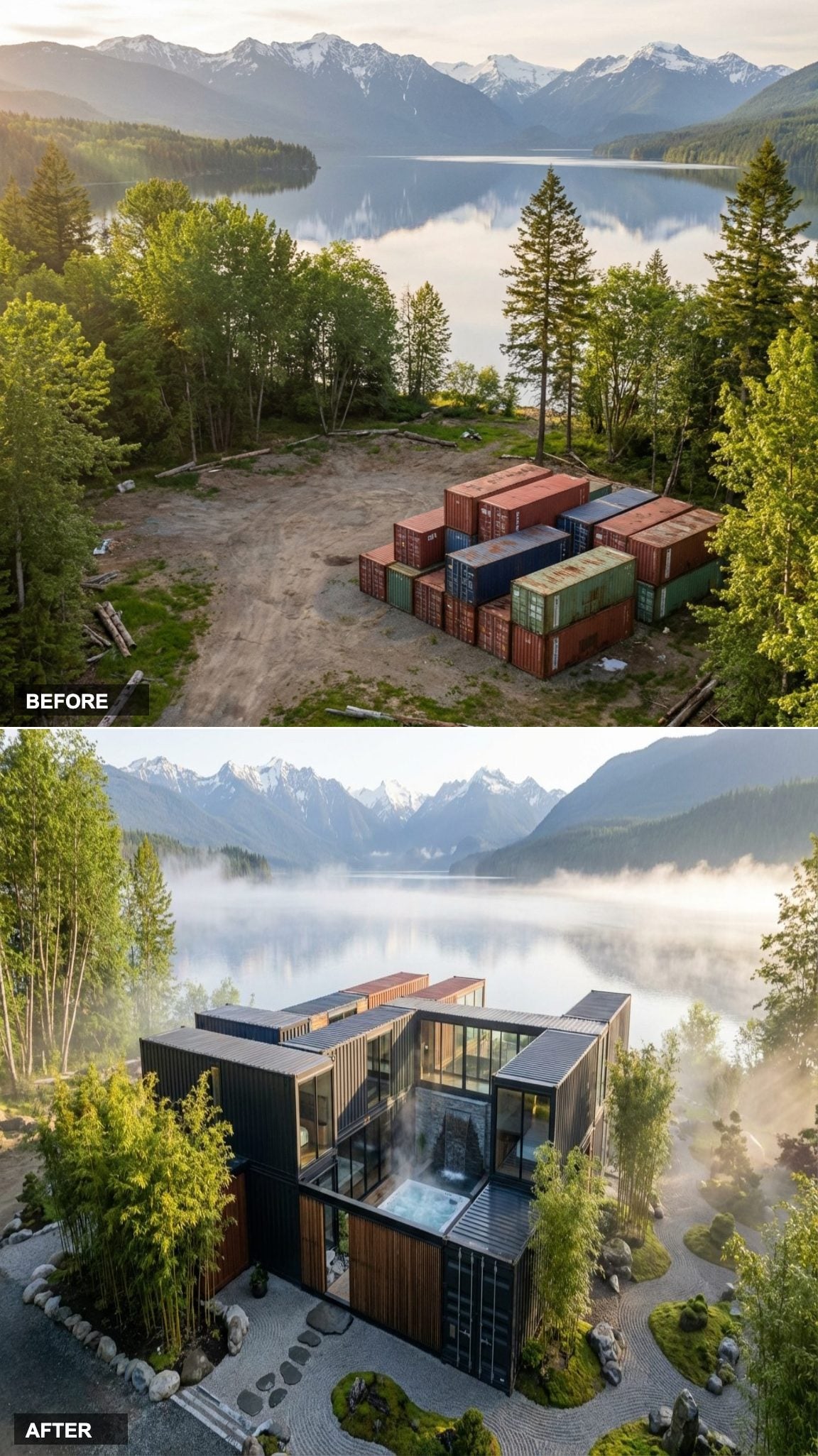 Black Steel and Bamboo Frame a Lakefront Container Build With Courtyard Pool