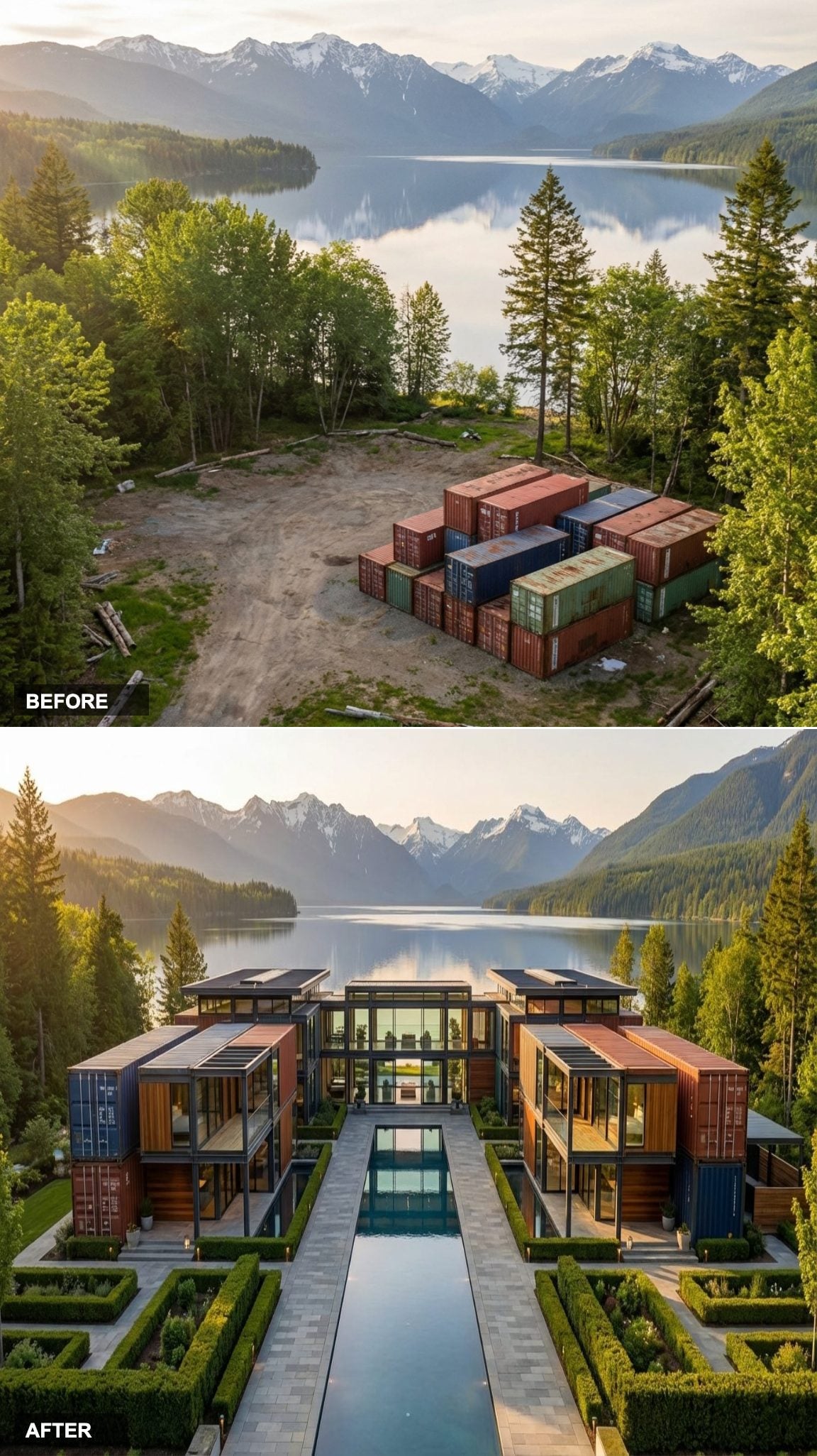 Lakefront Compound Built From Containers Gets Formal Gardens and a Lap Pool