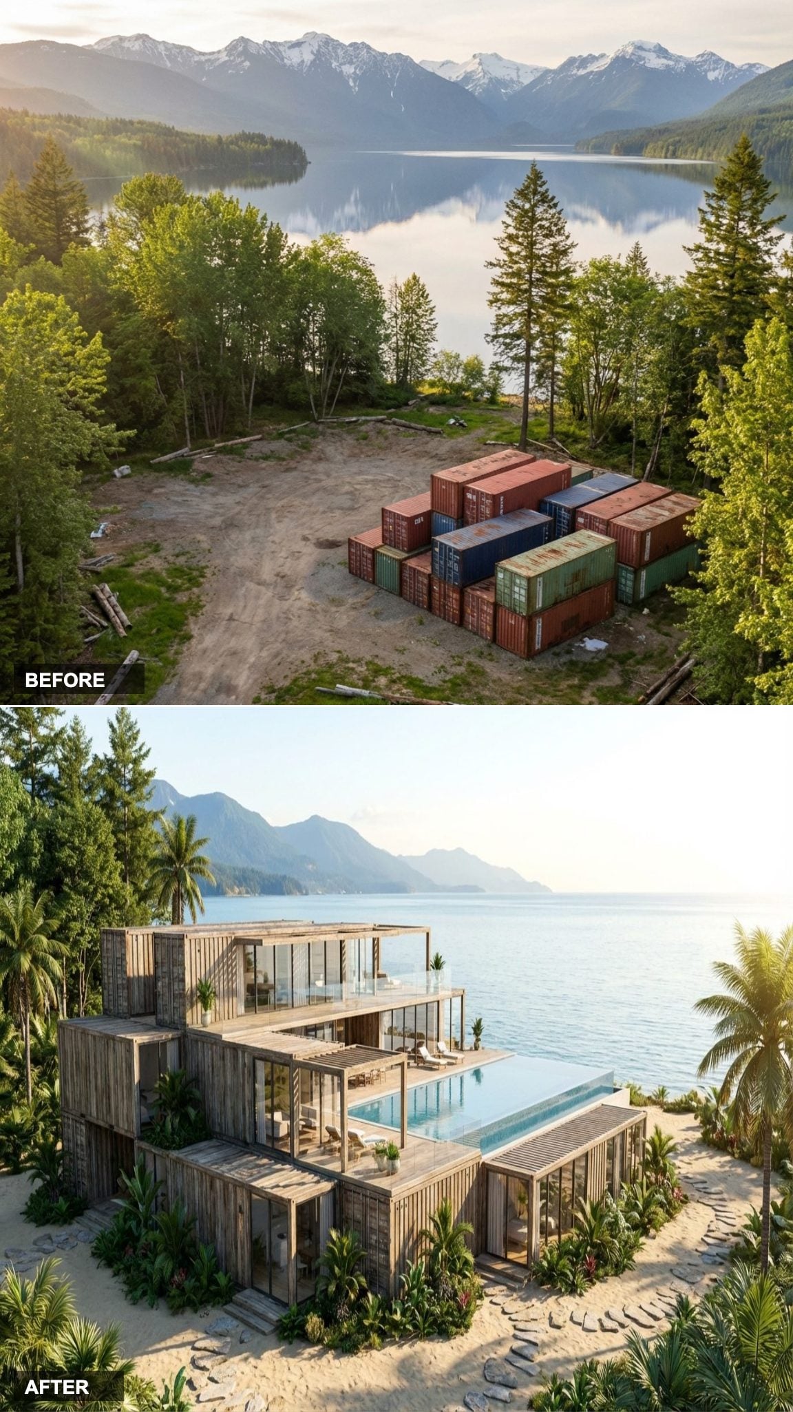 Weathered Wood Cladding and an Infinity Pool Define a Lakefront Container Villa