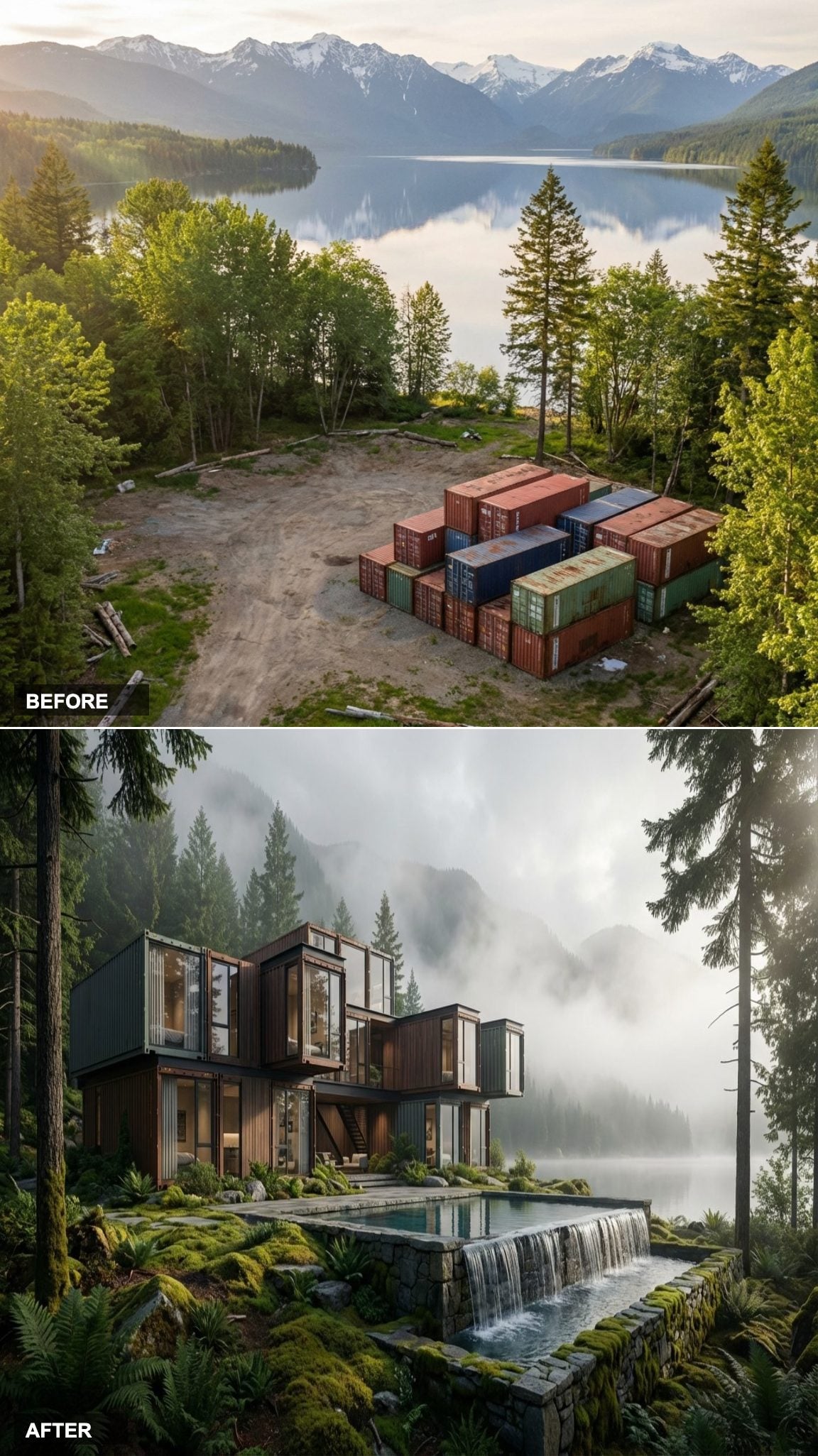 Fog-Wrapped Lakefront Build Stacks Darkened Steel With Stone and a Cascade Pool