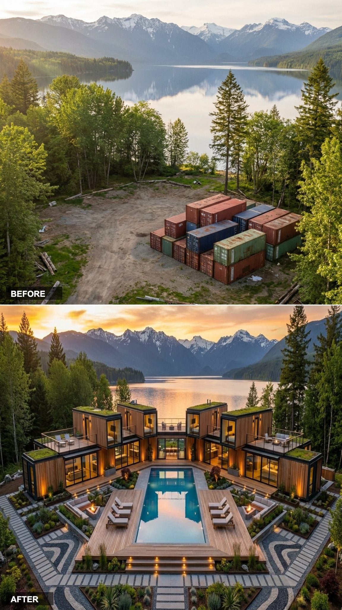 Stacked Container Modules Arranged Around a Lit Pool Deck With Green Roof Terraces