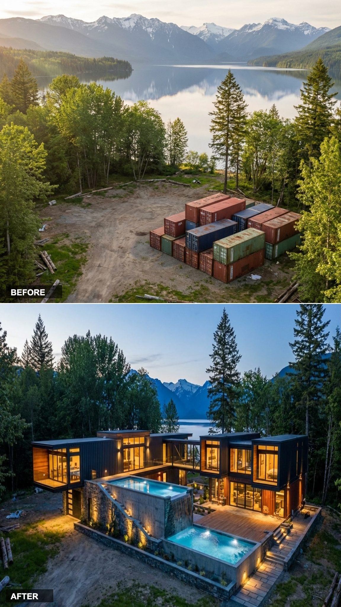 Corten Origins Disappear Behind Black Steel Cladding, Timber Decks, and a Lit Courtyard Pool