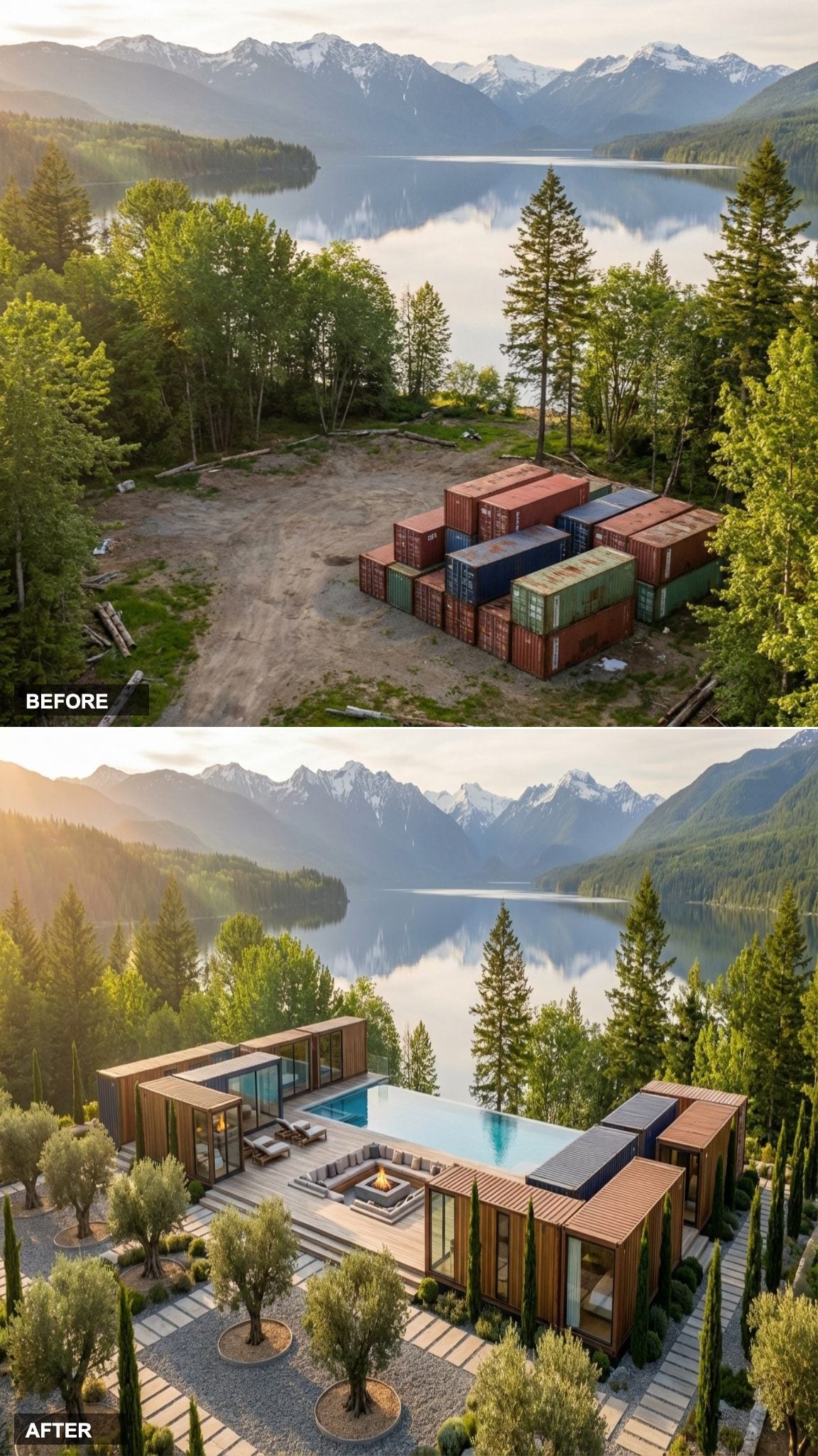 Shipping Containers Converted Into a Lakeside Retreat With an Infinity Pool