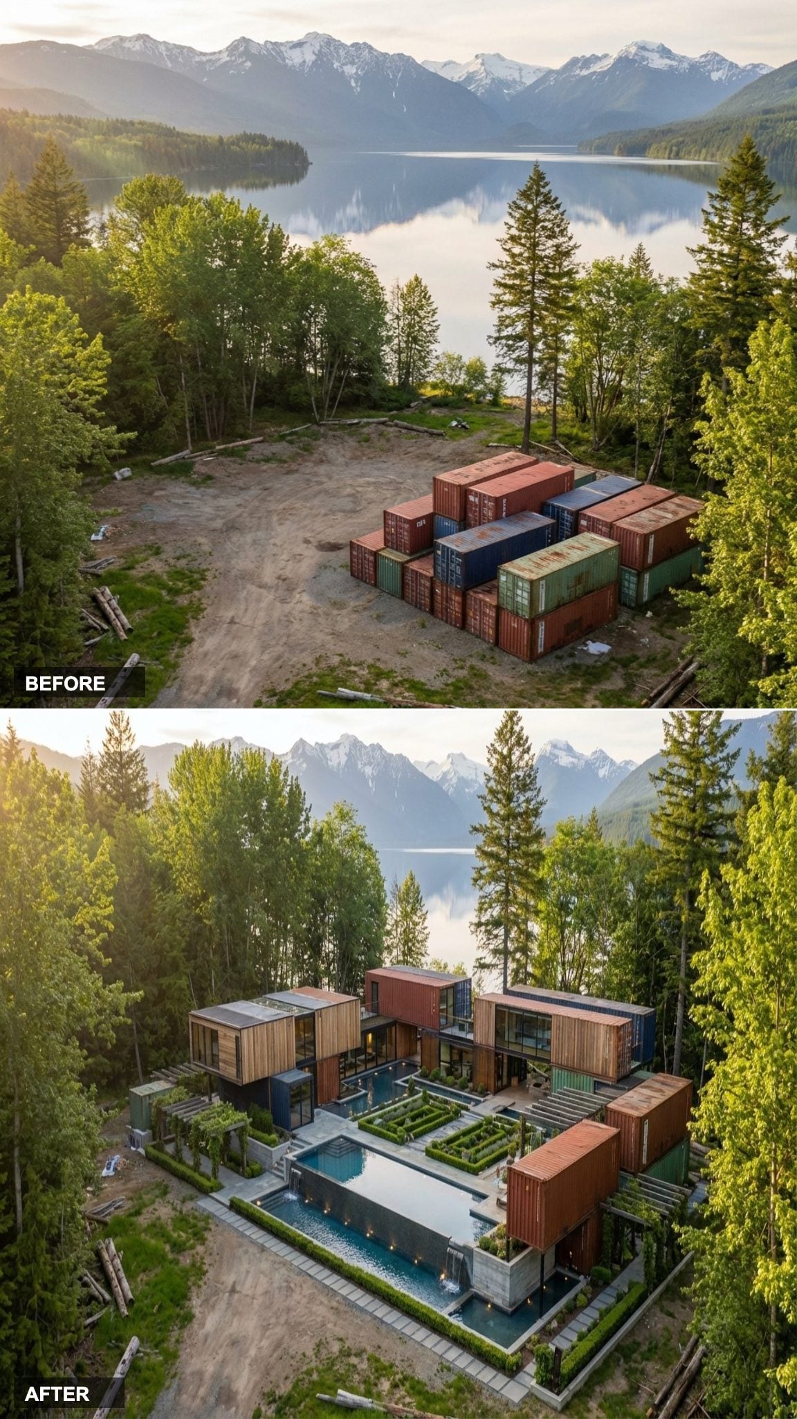 Rust-Painted Modules Stacked Into a Multi-Wing Villa With Pool Courtyard and Clipped Parterres