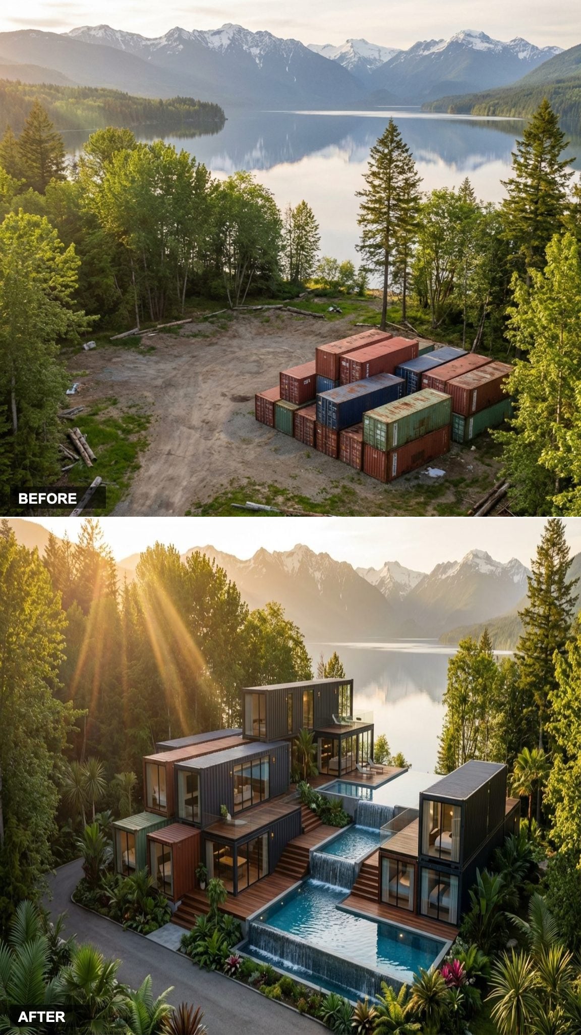 Stacked Modules Clad in Charcoal Steel Yield a Multi-Level Villa With Cascade Pool