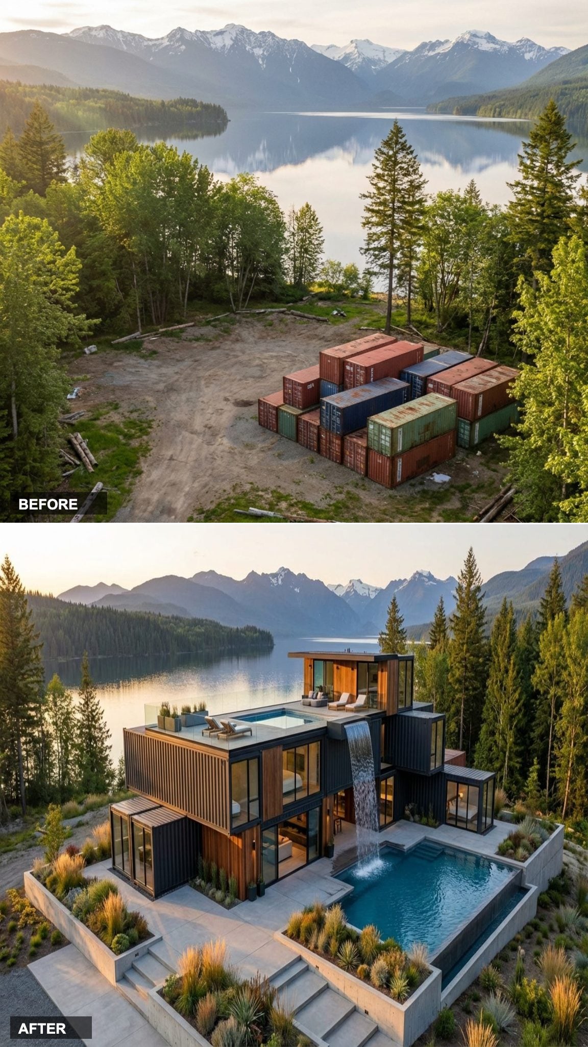 Stacked Containers Rebuilt Into a Multi-Level Glass and Cedar Home