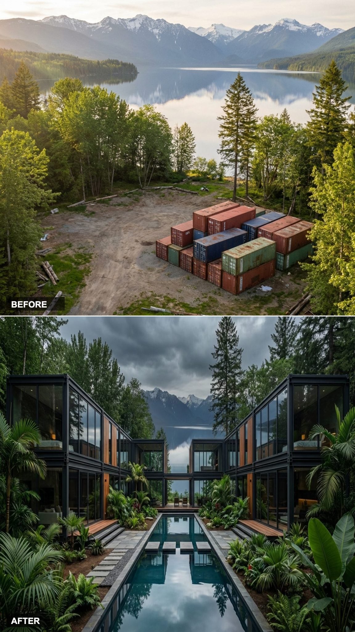 Containers Reconfigured Into a Two-Wing Compound With a Lap Pool Courtyard