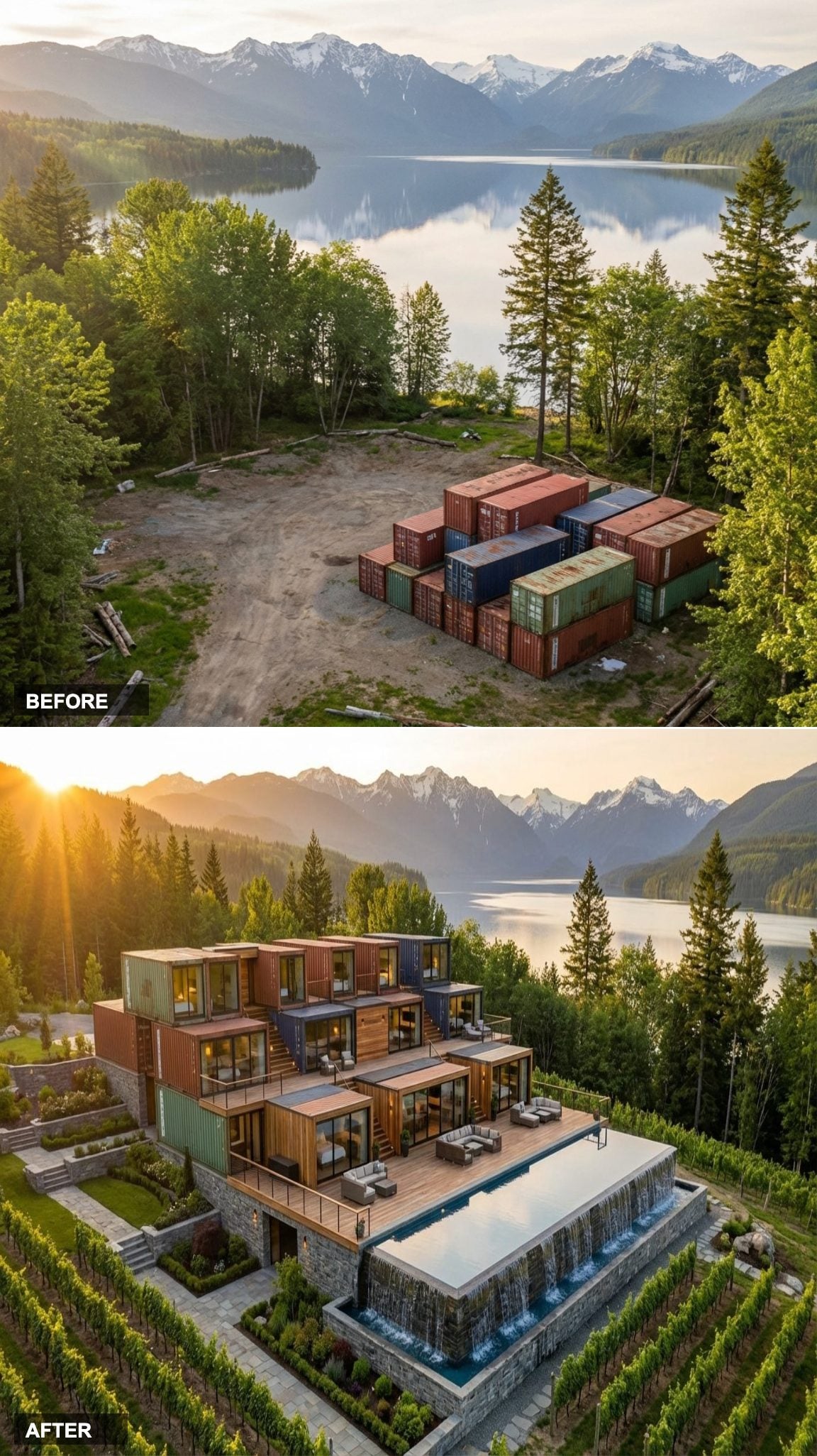 Stacked Steel Boxes Rebuilt Into a Mountain Retreat With Cascading Water Features