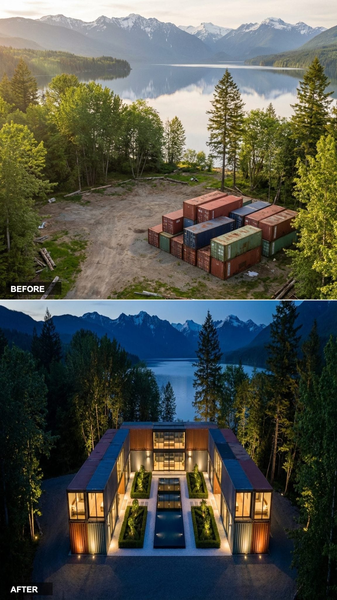 Corrugated Steel Walls Arranged Into a U-Shape Courtyard Compound With Pool