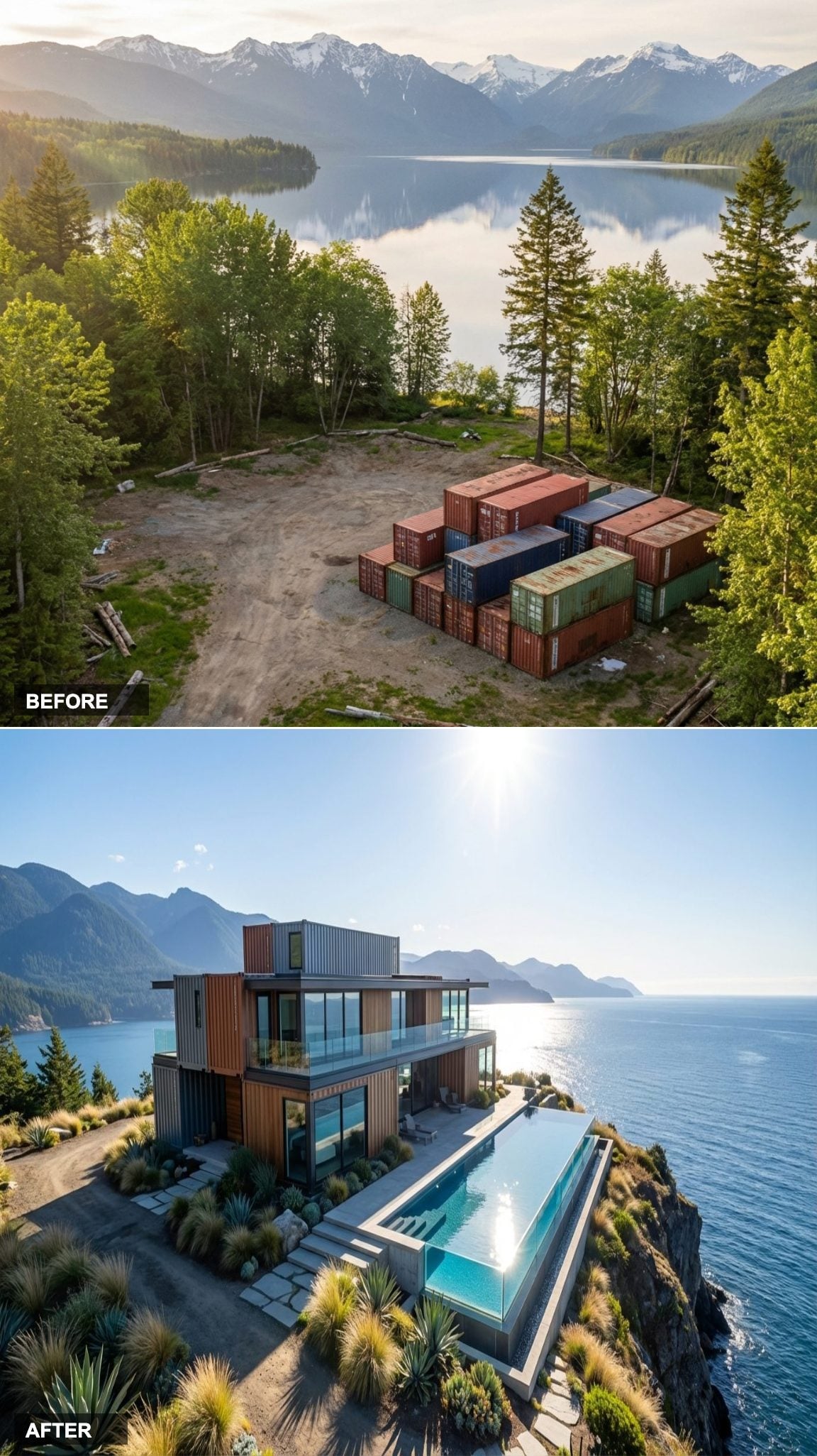 Corrugated Steel Rebuilt Into a Cliffside Home With a Glass-Walled Infinity Pool
