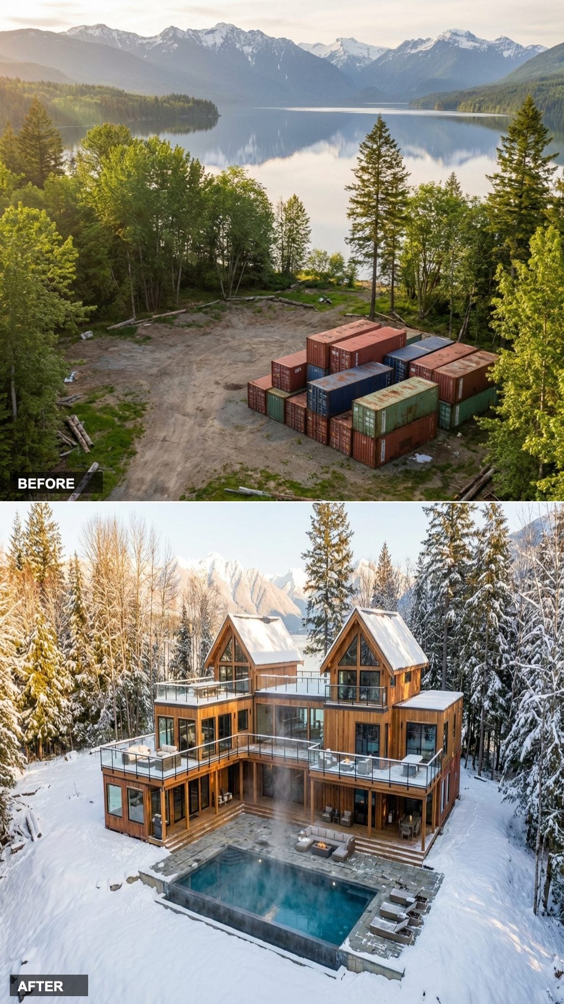 Cedar Cladding and Glass Gables Anchor a Snow-Covered Mountain Compound