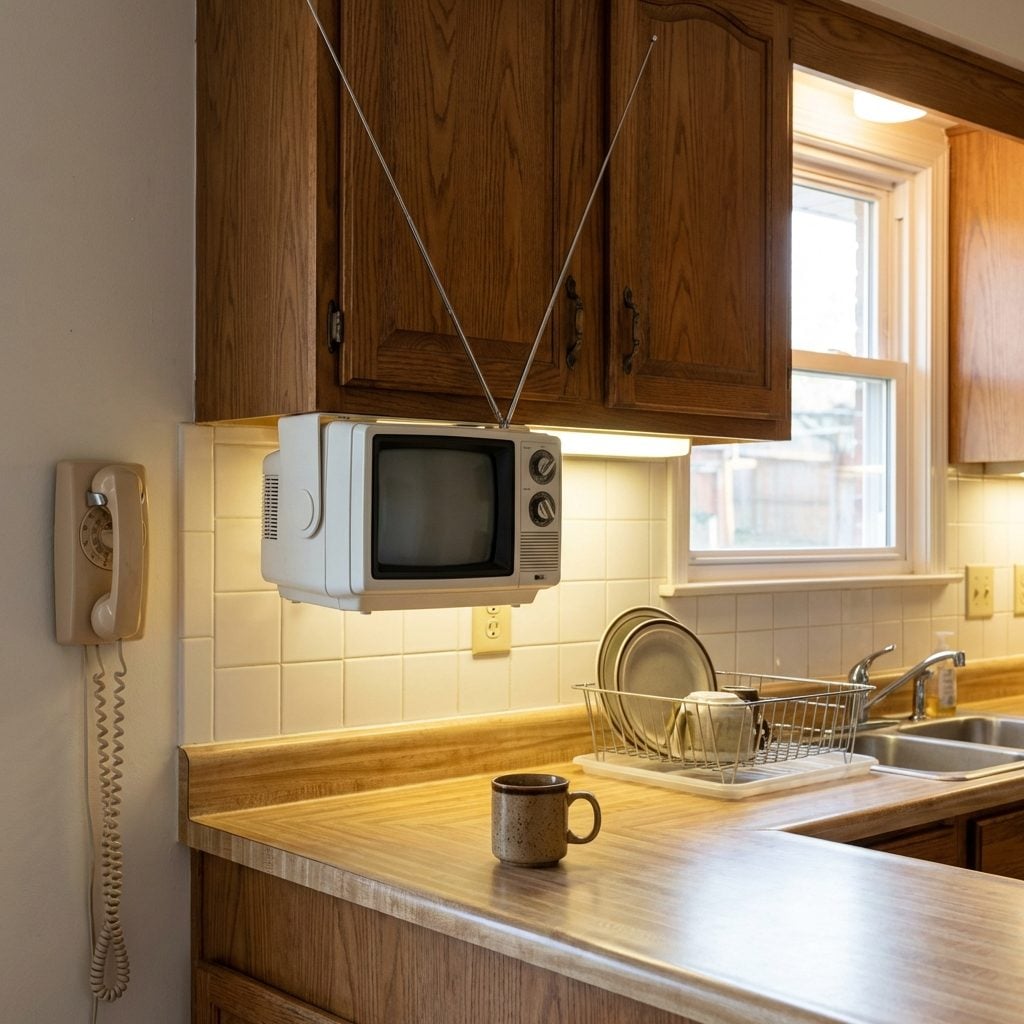 The Small Television Mounted Under the Cabinet at Counter Level
