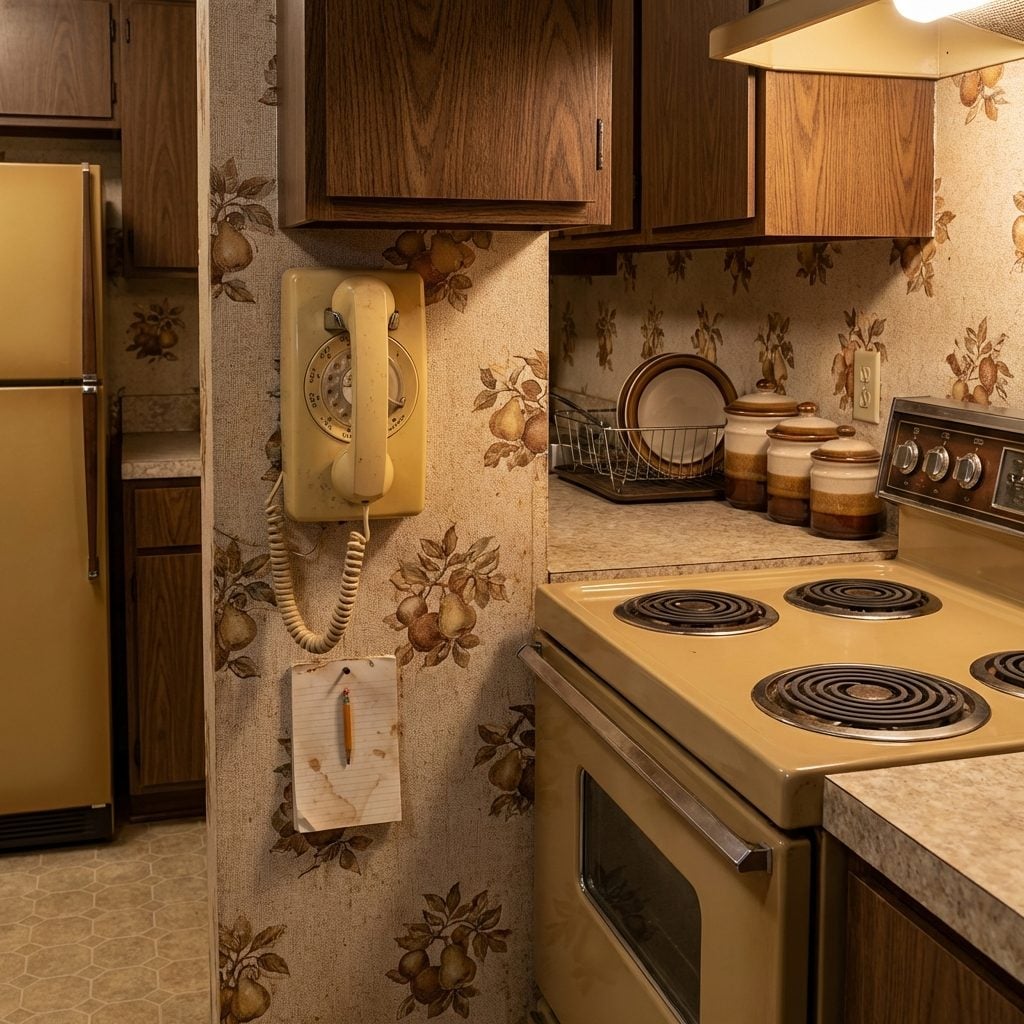 The Rotary Wall Phone Mounted Directly Next to the Stove