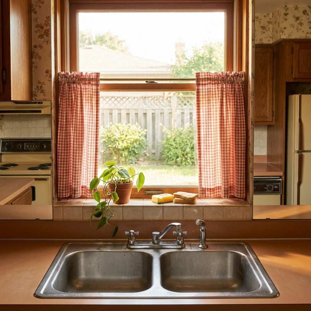 Café Curtains on the Window Above the Sink, Half-Length, on a Tension Rod, Usually Cotton