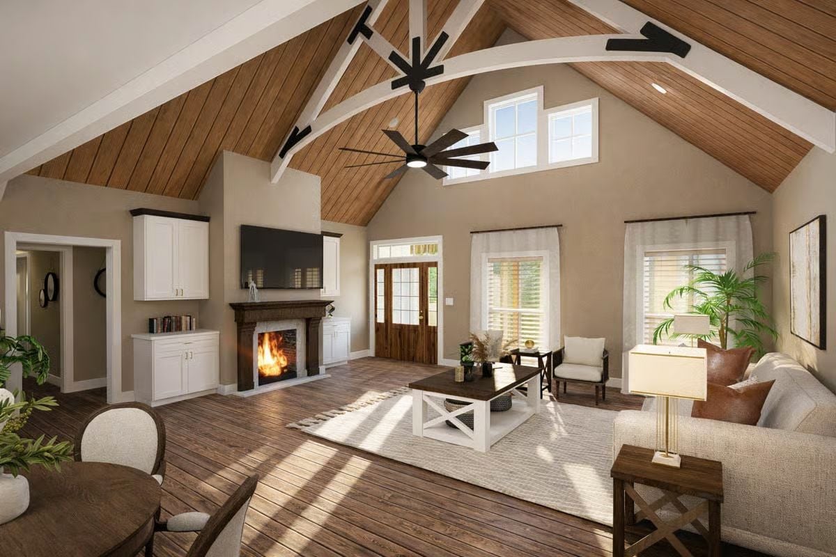 Vaulted Ceilings and a Wood Plank Roof Define This Farmhouse Living Room