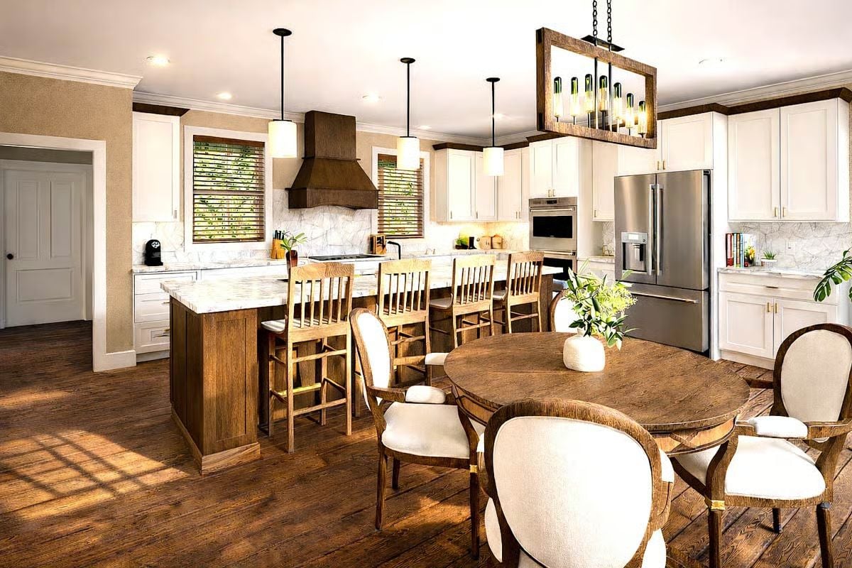 Warm Wood Tones and White Cabinetry Set the Tone in This Farmhouse Kitchen