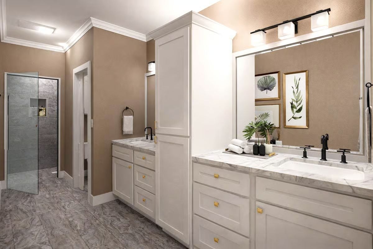 Gold Hardware and Black Fixtures Strike a Balance in This Farmhouse Primary Bath