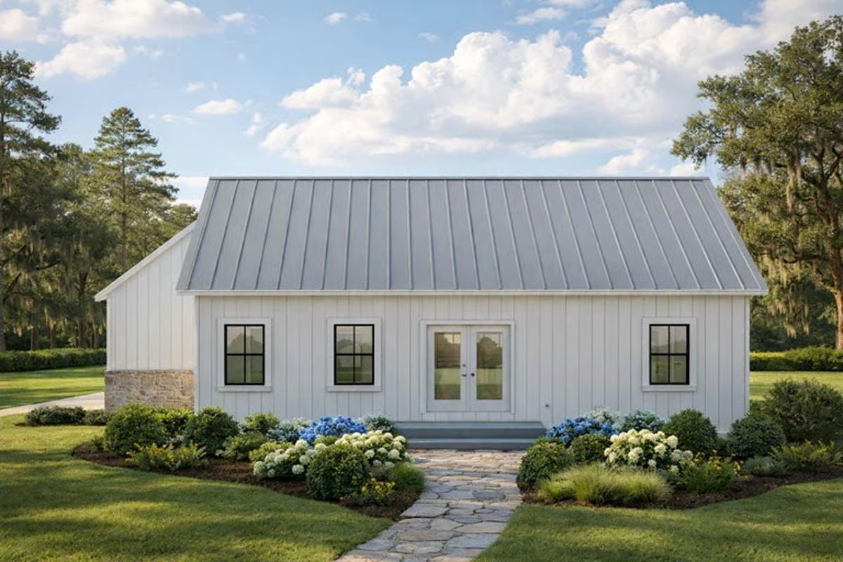 White Board-and-Batten Exterior with Metal Roof and French Door Entry