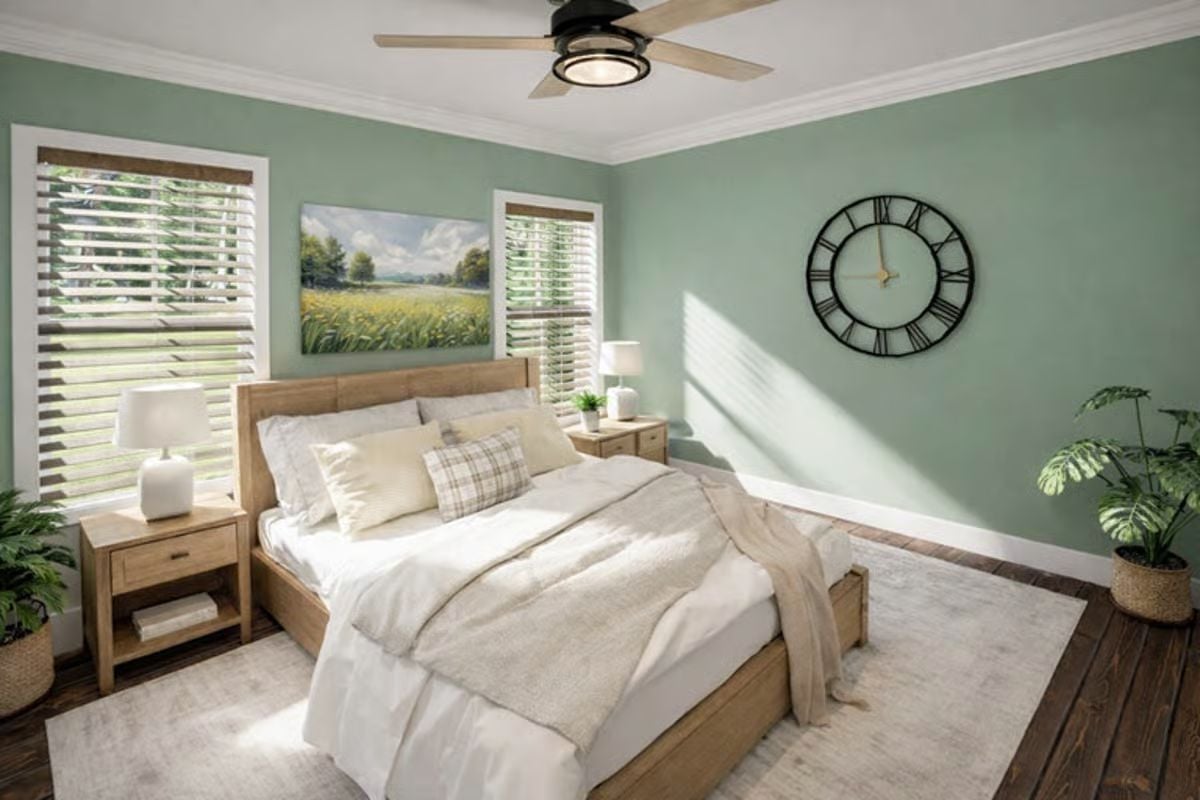 Sage Green Bedroom with Natural Wood Furniture and Roman Numeral Clock
